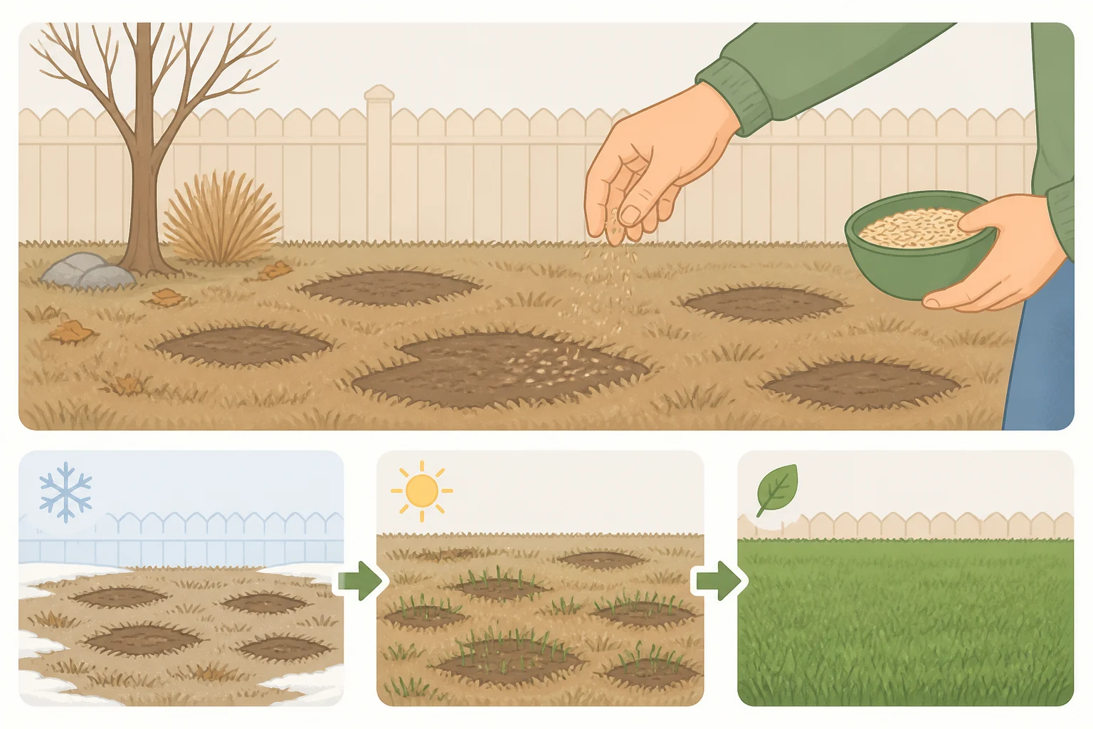Illustration of dormant seeding spreading grass seed over bare patches before first major snowfall, with notes to skip pre-emergent herbicide