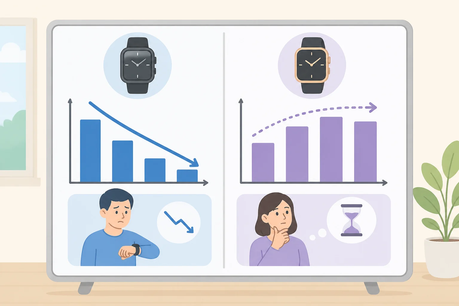 Illustration of a split bar chart showing basic smartwatch shipments shrinking while premium segments hold steady as buyers wait, explaining why people are not upgrading smartwatches