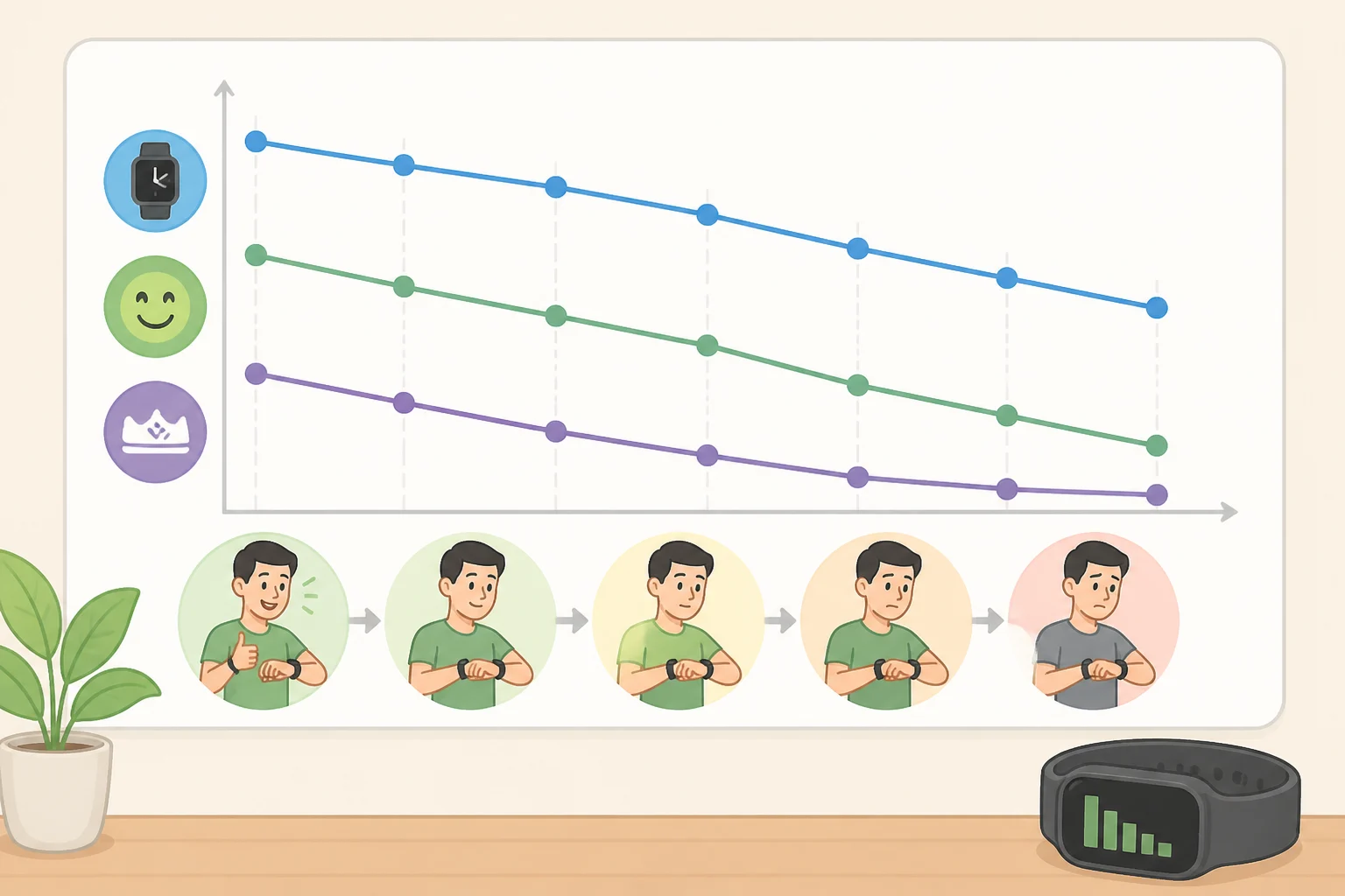 Illustration of JMIR survey trends where median smartwatch use rises to 18 months while satisfaction drops from 89% to 68% and step counting usefulness falls from 94.5% to 65.9%