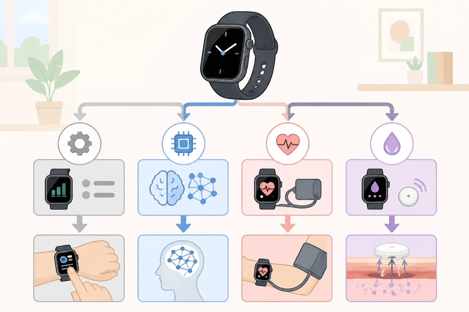 Illustration comparing incremental screen or chip upgrades to breakthrough features like edge AI, blood pressure tracking, and non-invasive blood glucose monitoring