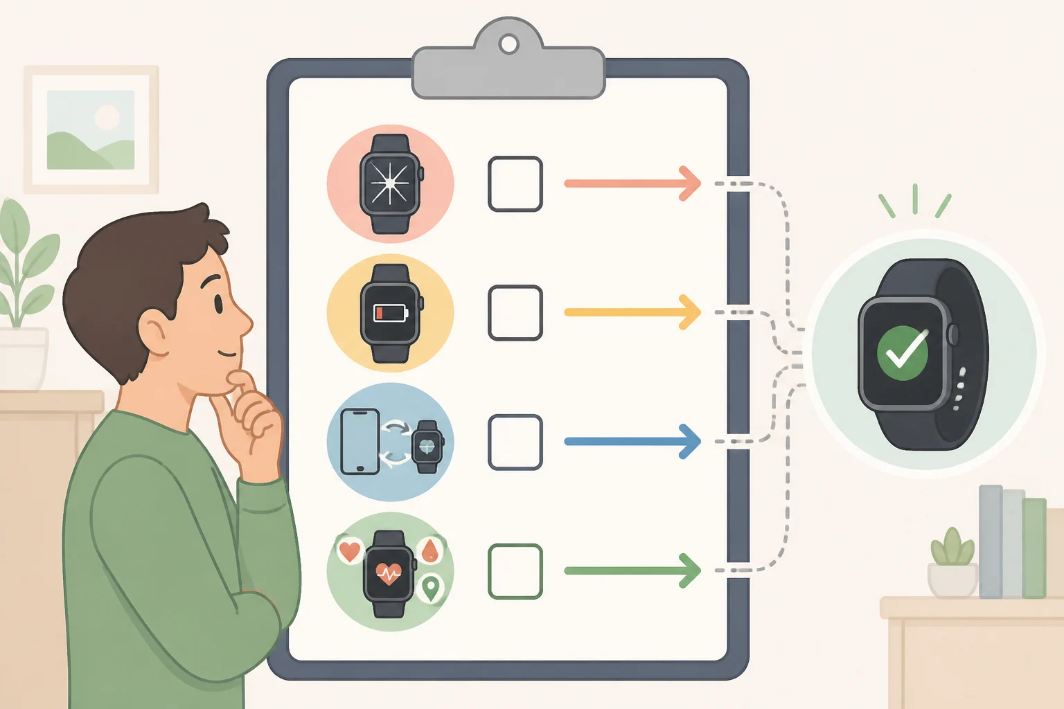 Illustration of a smartphone-to-watch upgrade decision checklist highlighting broken hardware, battery life degradation, phone-platform incompatibility, and new health sensors that match real needs