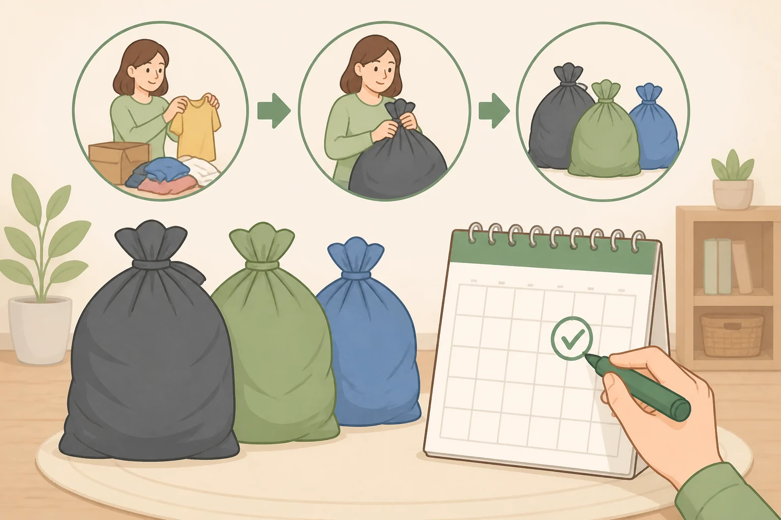 A home organizer setting a stack of bags on a kitchen counter and circling the start date for the 30 Bags in 30 Days decluttering challenge