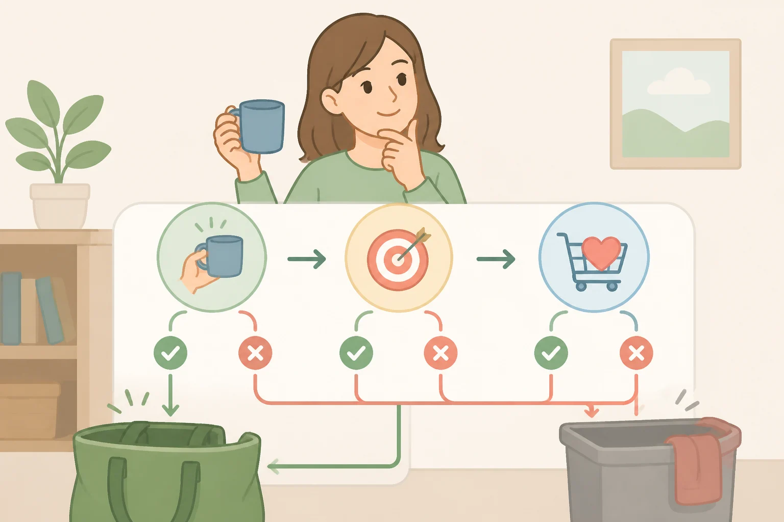 A simple checklist showing the three questionsuse regularly, serves a purpose, would buy again todaybeside a clothing item being considered for the bag