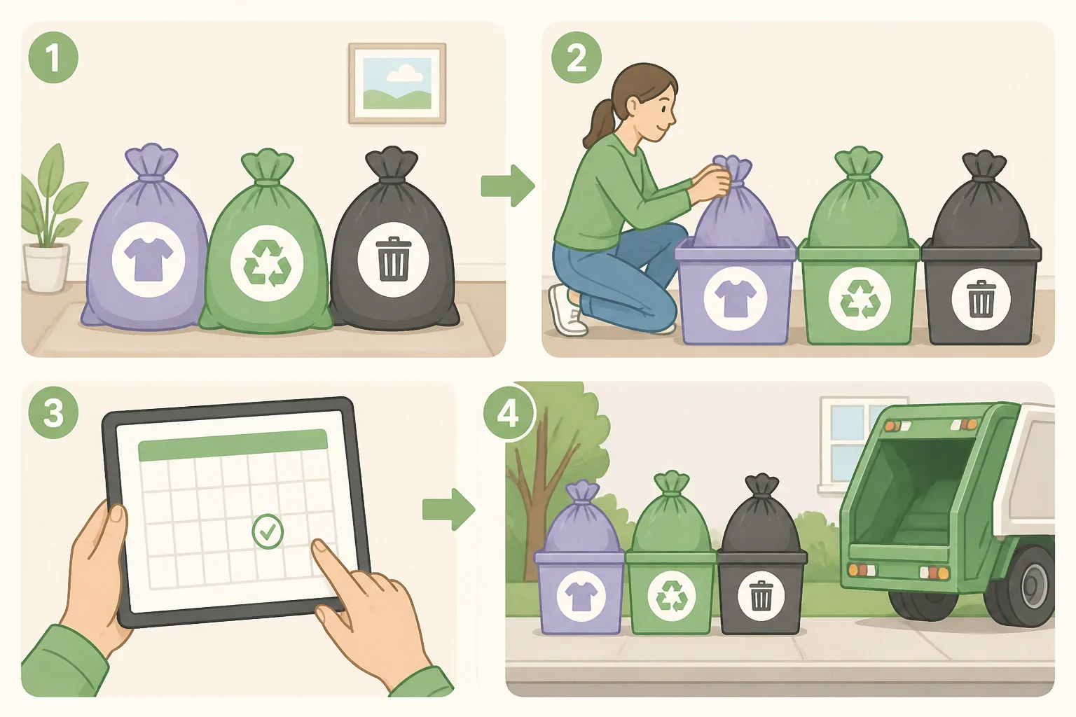 Three labeled piles of filled bagsdonate, recycle, and trashwith a note showing a removal date for each