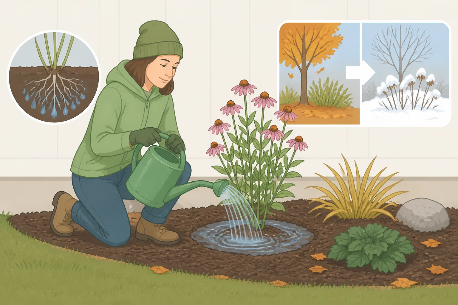 Illustration of a gardener using a hose or sprinkler to deeply water newly planted perennials before the ground freezes, with a calendar-like cue for late-fall timing.