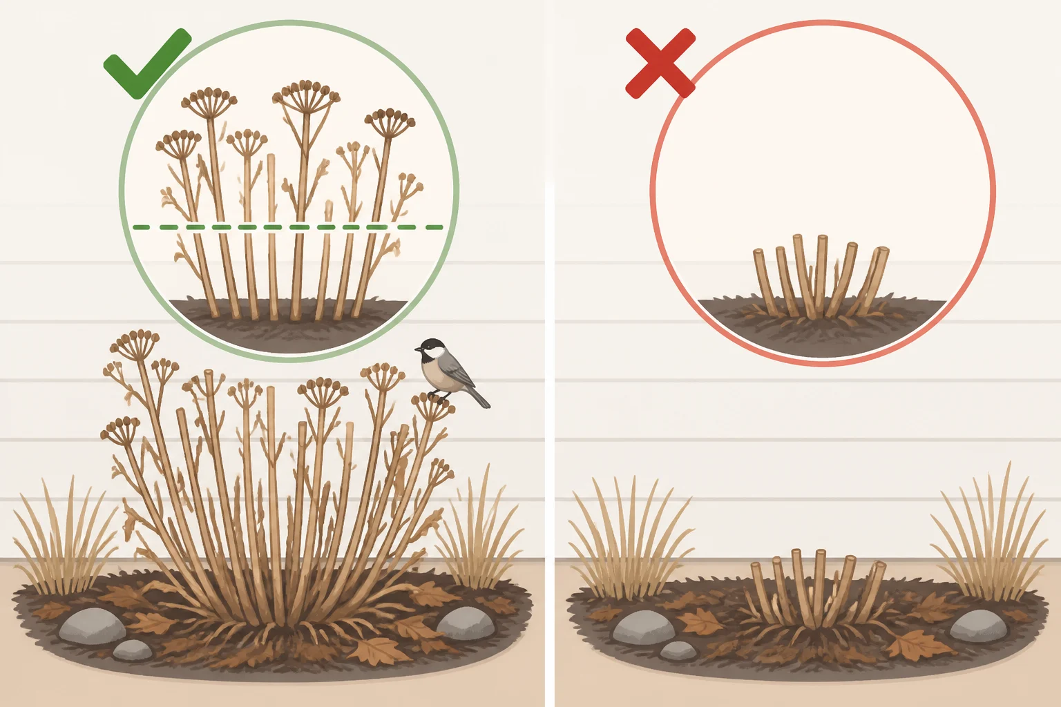 Illustration comparing two fall cutback styles for perennials: trimming stems to about half to two-thirds height (leaving hollow stems for overwintering insects) versus cutting every stem to the ground.