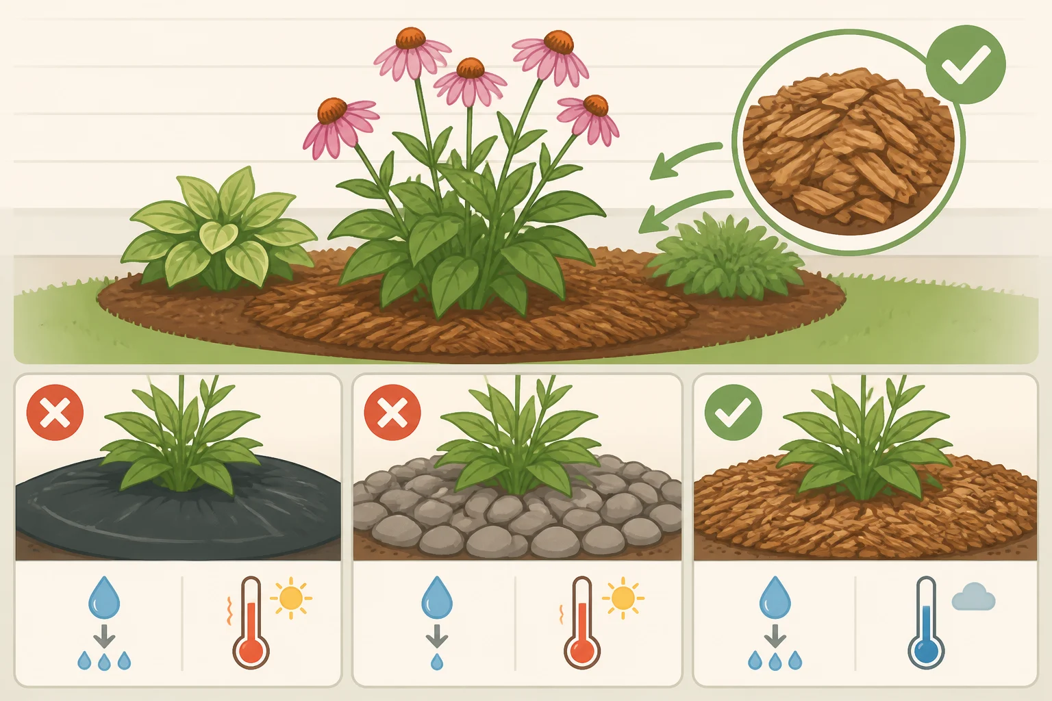 Illustration showing the difference between plastic ground barrier and wood-chip mulch around perennials—plastic blocking water movement while wood chips moderate moisture and soil temperature.