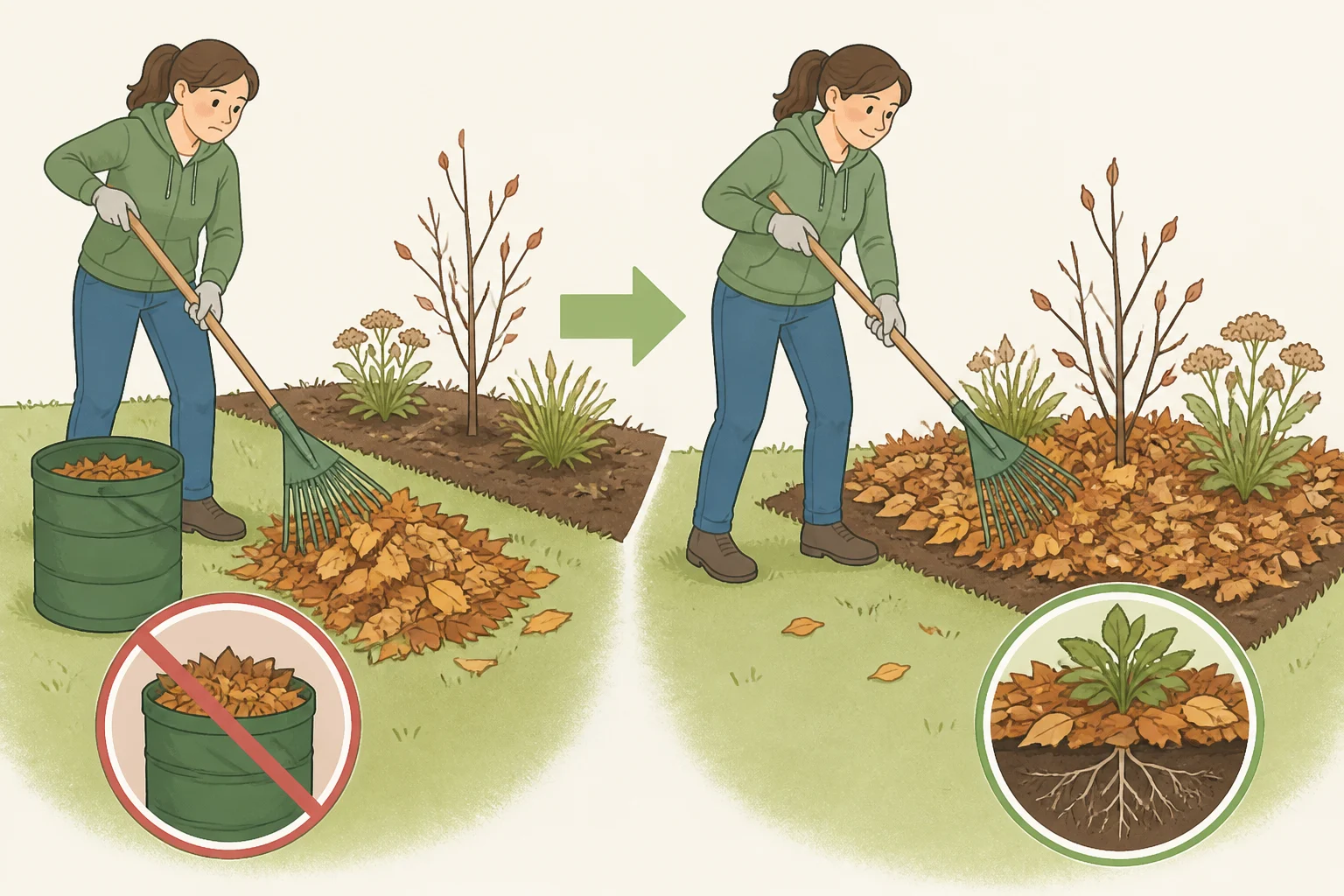 Illustration of leaves left where they land under perennials—acting as insulation and shelter for beneficial insects—supporting fall gardening mistakes to avoid for perennials guidance.