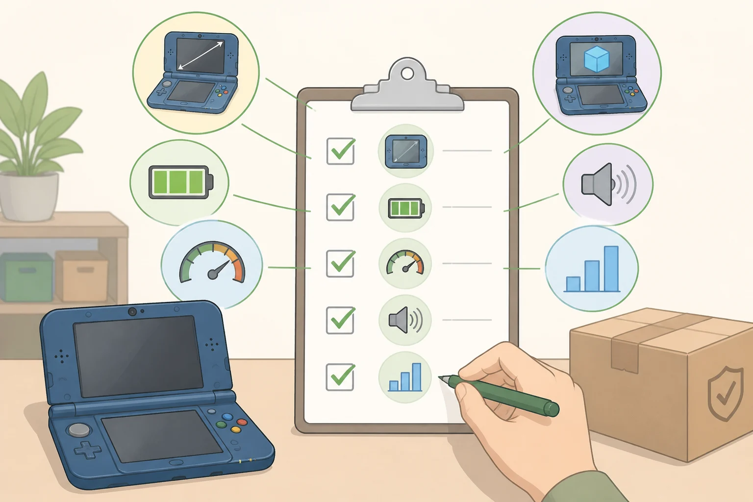 Checklist graphic for reviewers testing the Lite Plus: screen measurements, battery life, sustained performance under load, and 3DS-specific benchmarks before release