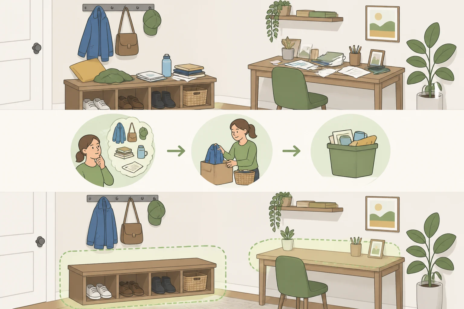 An entryway bench and nearby desk corner showing how the main September friction zone is cleared before assigning homes to items