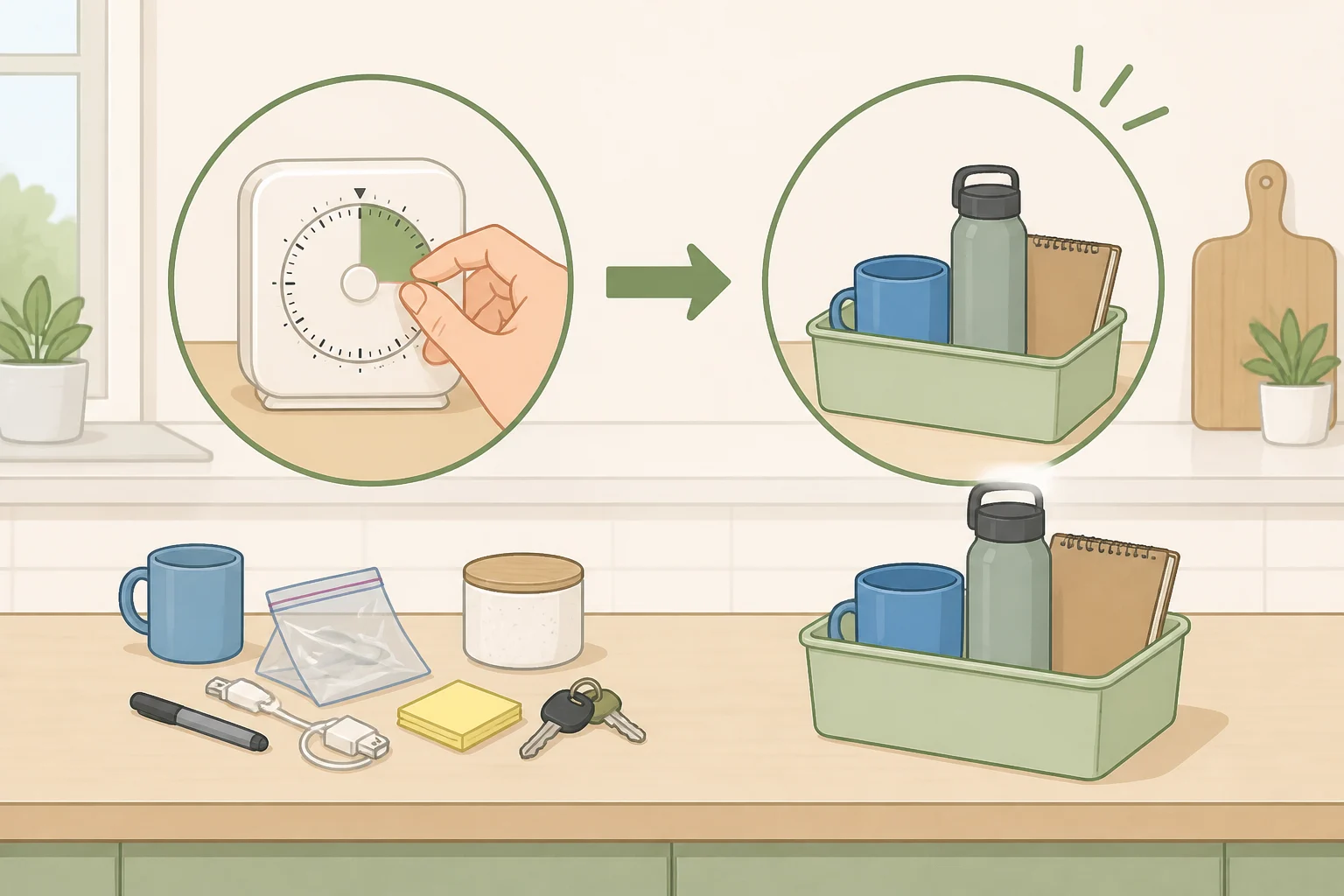 September home organization tips: a 25-minute kitchen-counter decluttering timer next to a pile of jackets or backpacks grouped by category