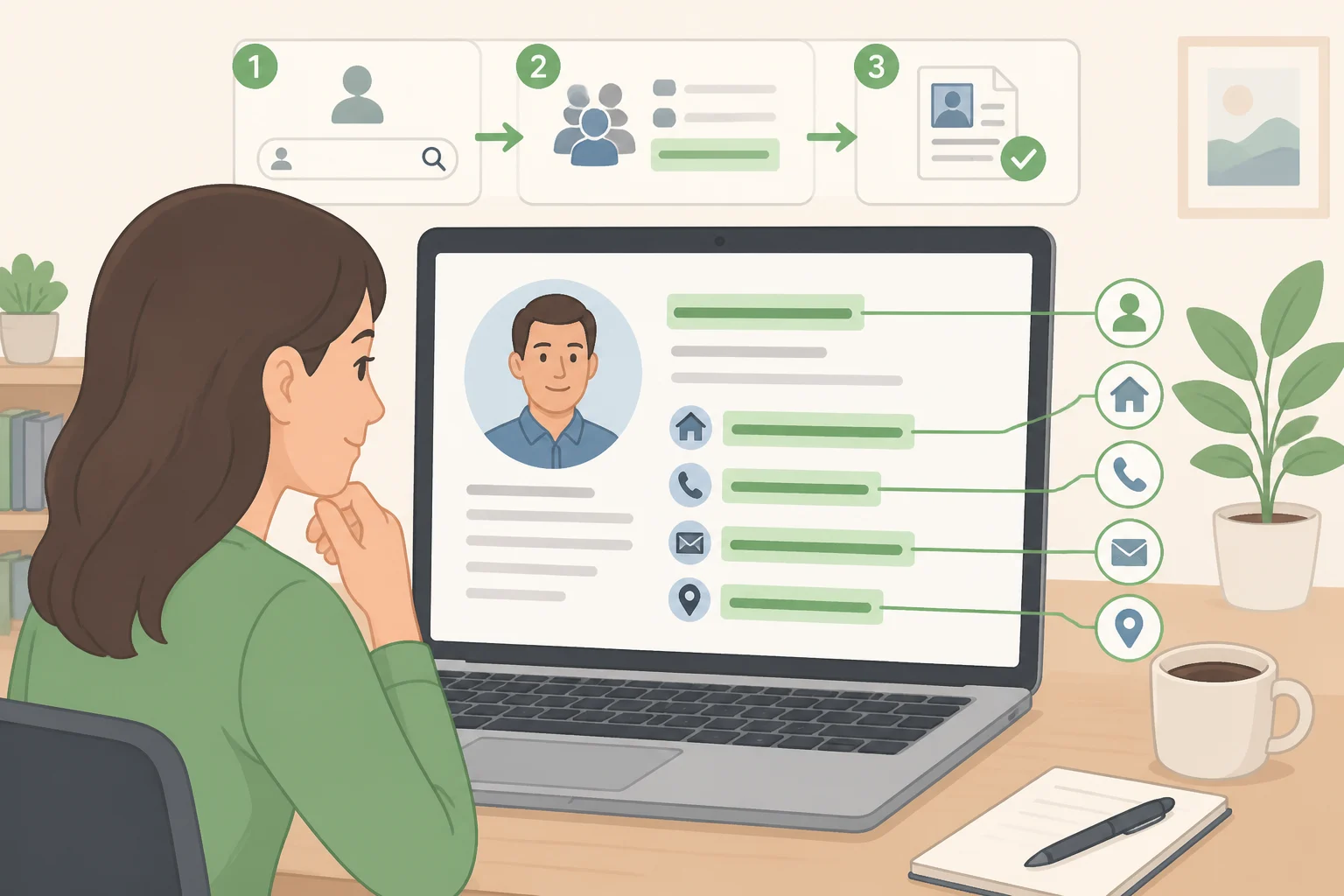 Illustration of how to check if your personal information is exposed online by running a people-search with your name, past addresses, phone number, and email in quotation marks and reviewing the matching results