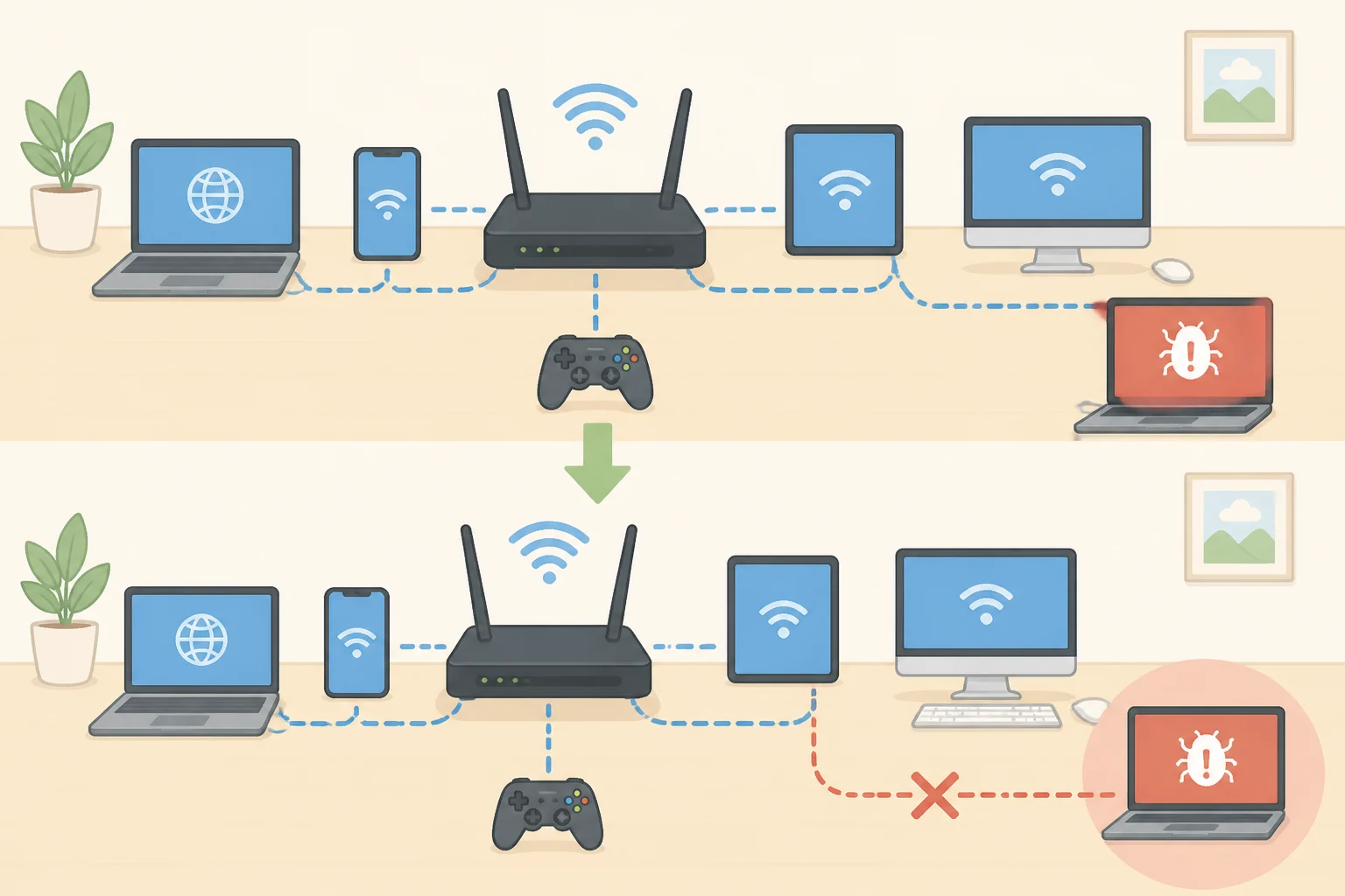 Illustration of a home network with a router connected to several devices, including one device being disconnected from the network for malware troubleshooting