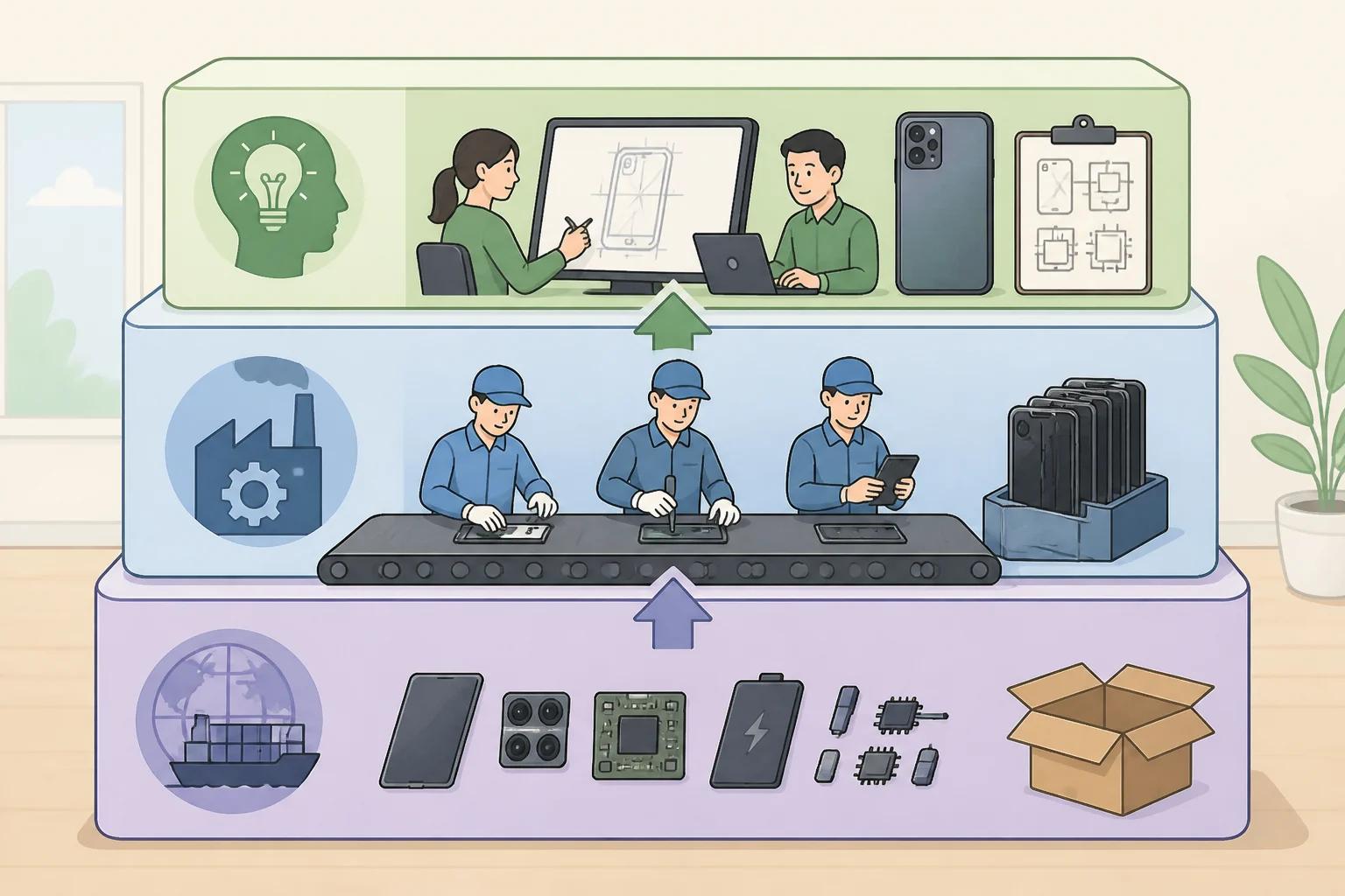 Illustration separating smartphone production into assembly, already dominated by India, and the deeper R&D and design capability CMF says the country still needs