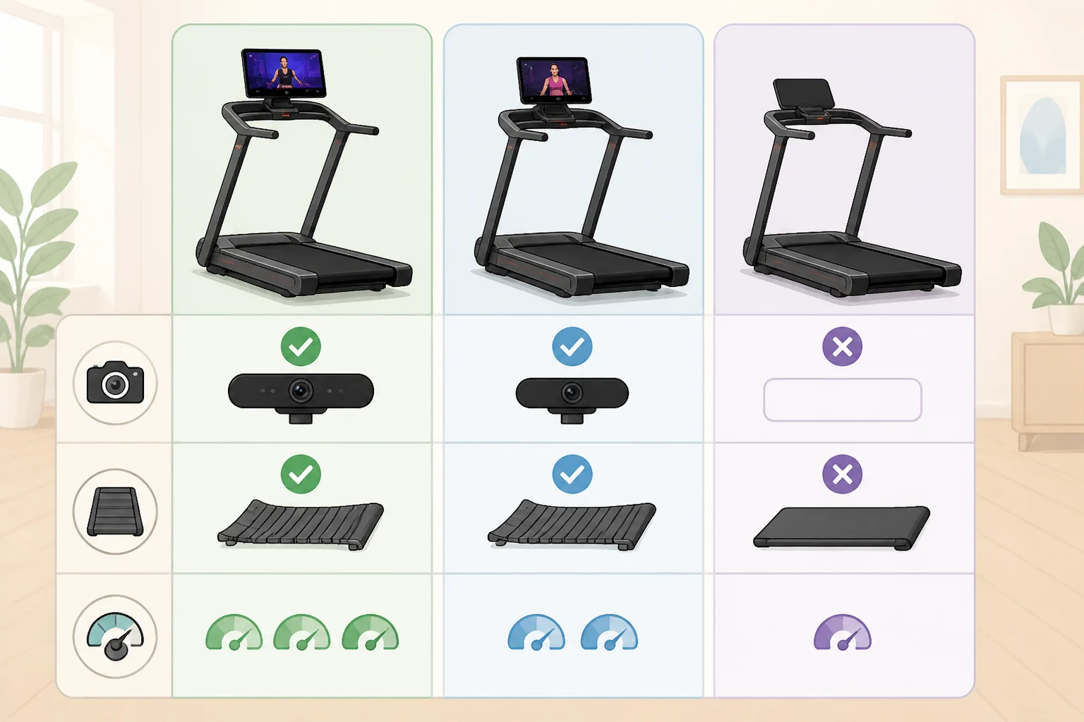 Side-by-side comparison of Peloton Tread Flex, Tread Vision, and Tread+ Vision highlighting the absence of a camera on Flex and the Sled Mode slat-belt system on Tread+
