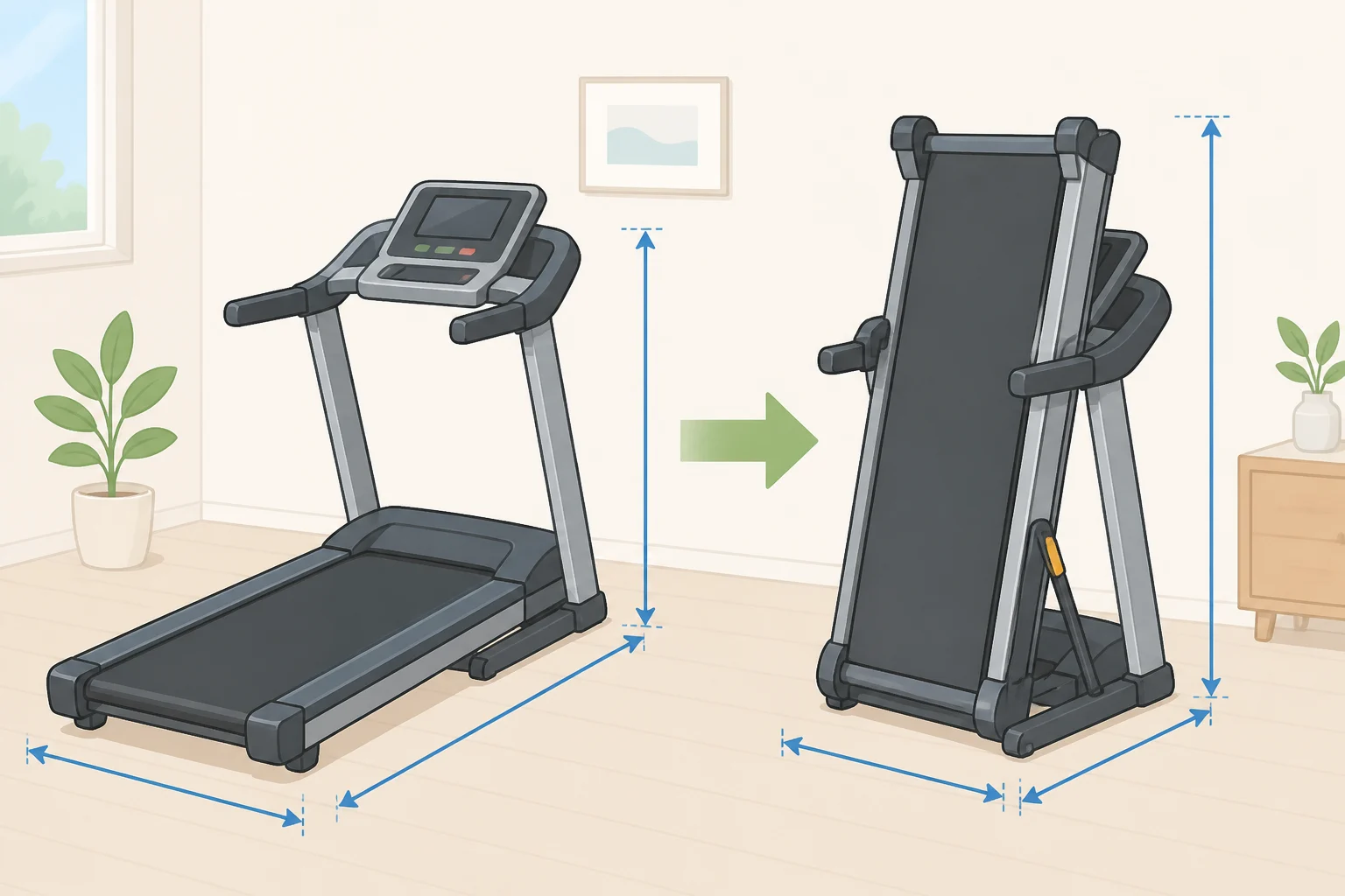Diagram comparing unfolded and folded dimensions of the Peloton Tread Flex, illustrating the vertically folding deck that nearly halves the footprint
