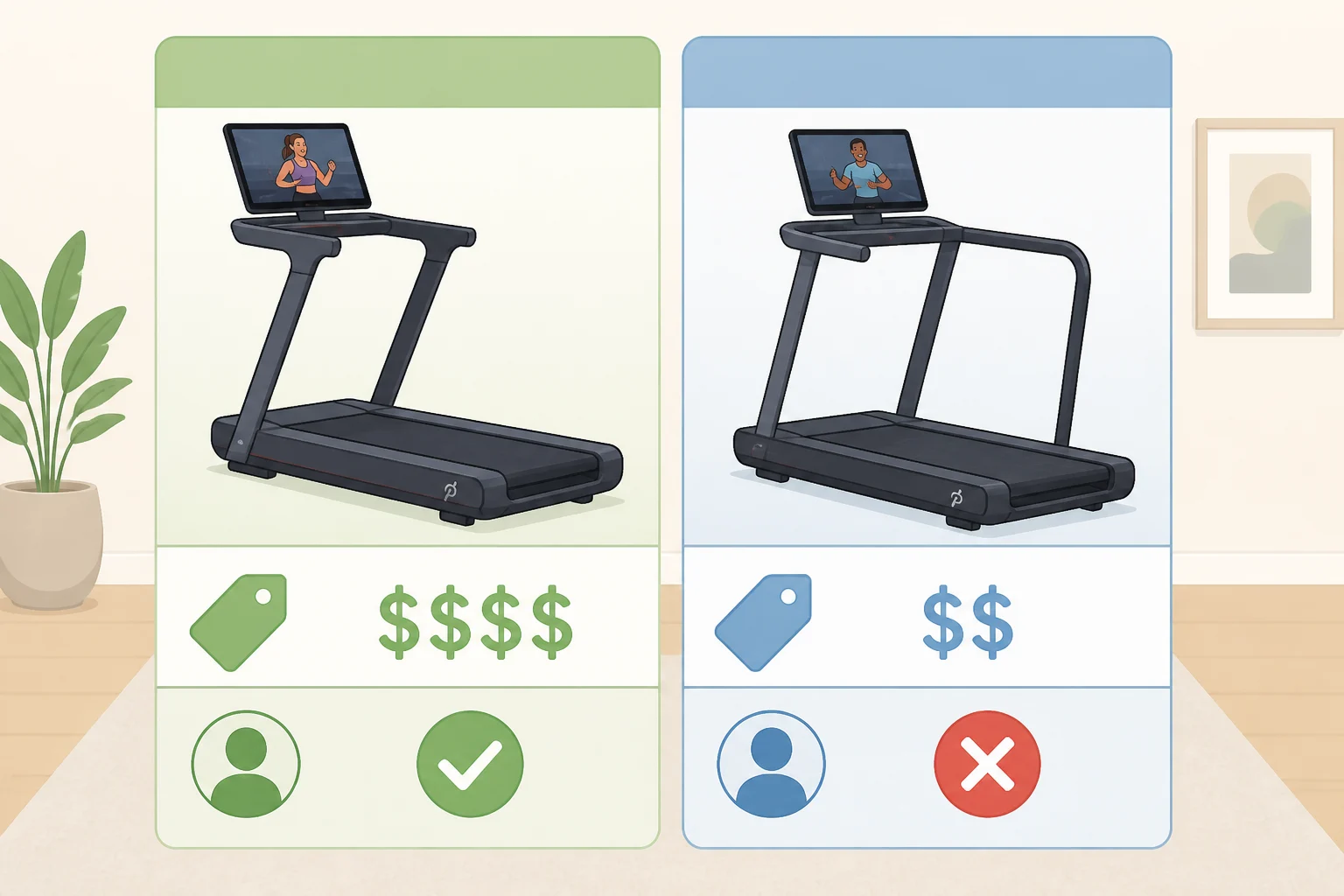 Price comparison chart for the Peloton Tread Flex foldable treadmill, Peloton Tread Vision, and Peloton Tread+ Vision including the $50/month membership