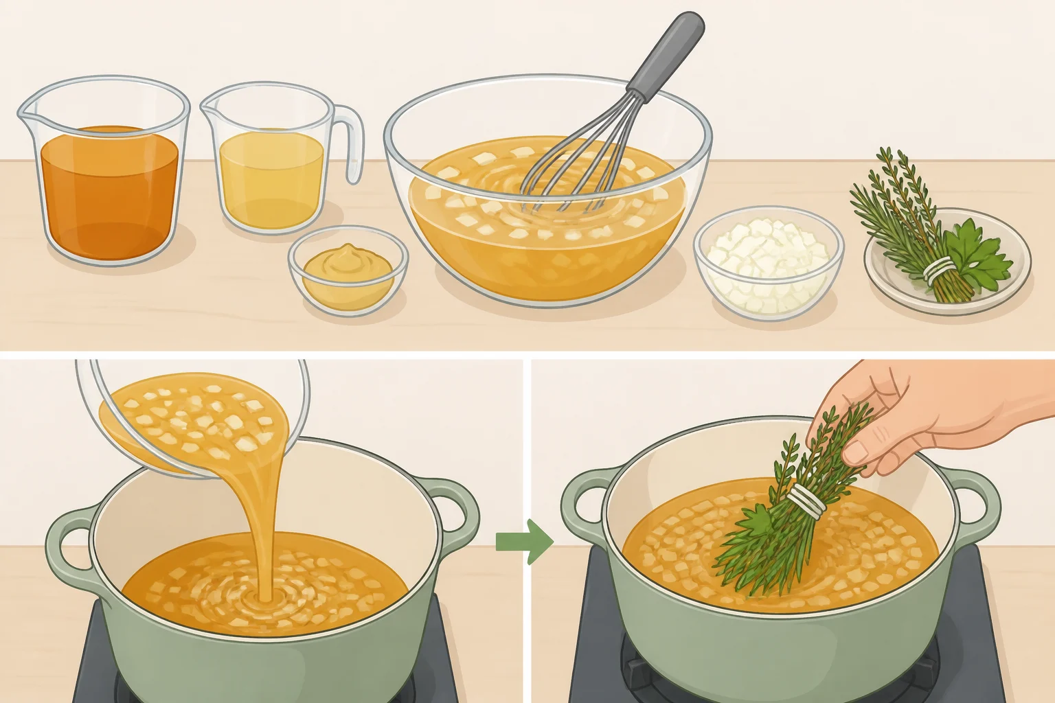 Whisked apple cider, chicken stock, Dijon mustard, and dehydrated minced onion in a bowl, plus rosemary and thyme tied as a bouquet garni before adding to the Dutch oven