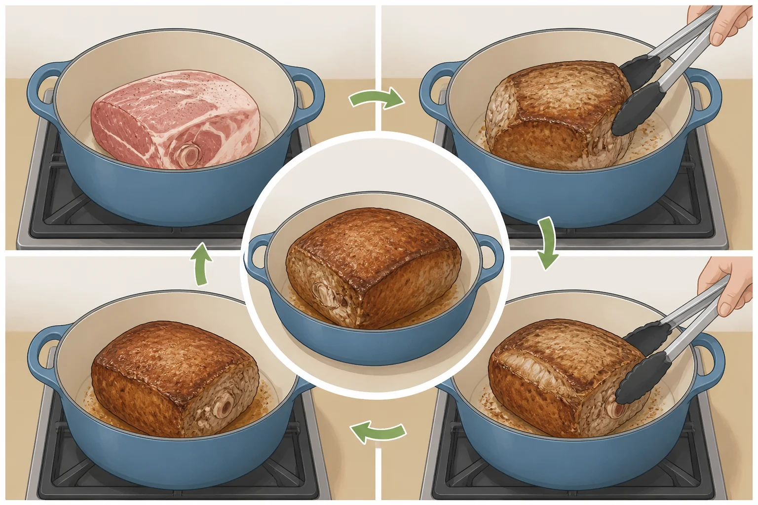 A bone-in pork shoulder browning in a Dutch oven with neutral oil, ready for the next step of apple cider braised pork shoulder