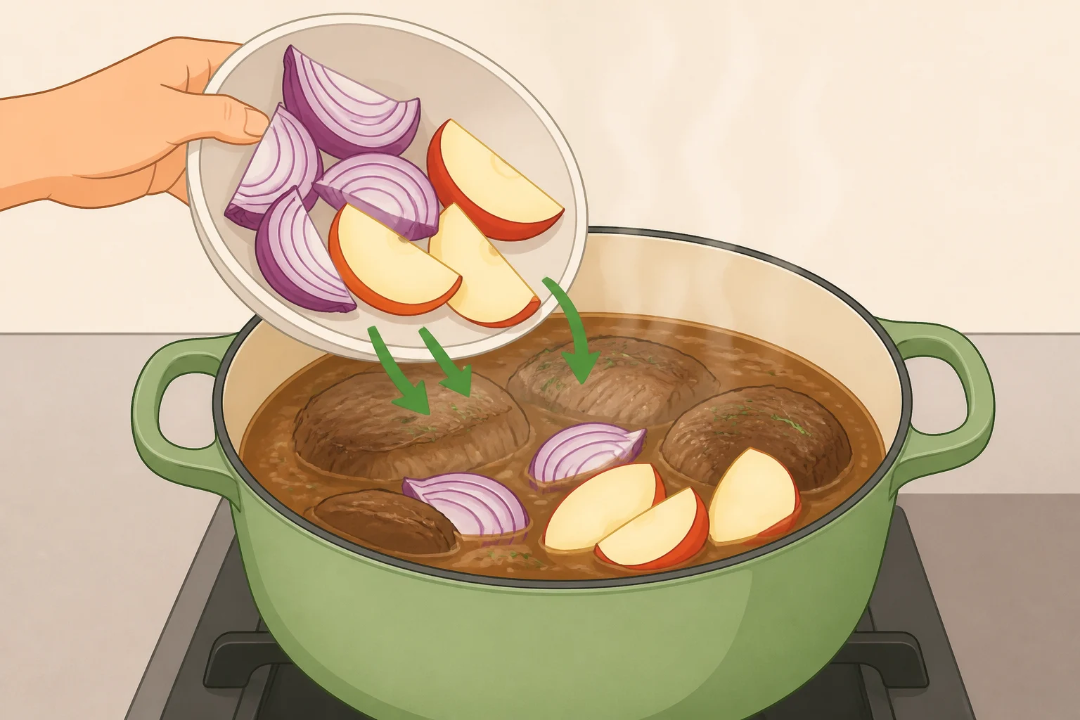 A Dutch oven showing pork shoulder braising at a bare simmer with red onion slices and thick apple wedges added during the last 30 to 45 minutes
