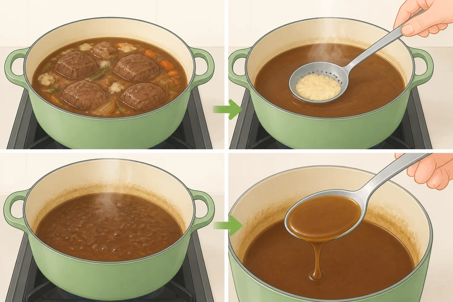 Chef skimming a layer of fat from reduced apple cider braise, then simmering the remaining liquid until it coats the back of a spoon for finishing