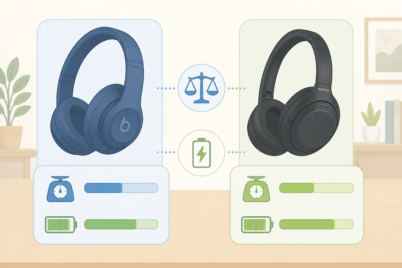 Side-by-side spec comparison showing Beats 360 vs Sony WH-1000XM6 weight and battery life, including Beats 360 launch pricing