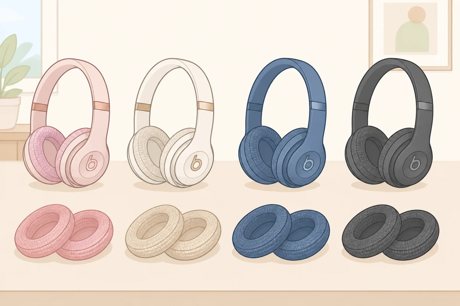 Beats 360 headphones shown in Black, Cloud, Pink, and Sky with matching Performance Knit cushions