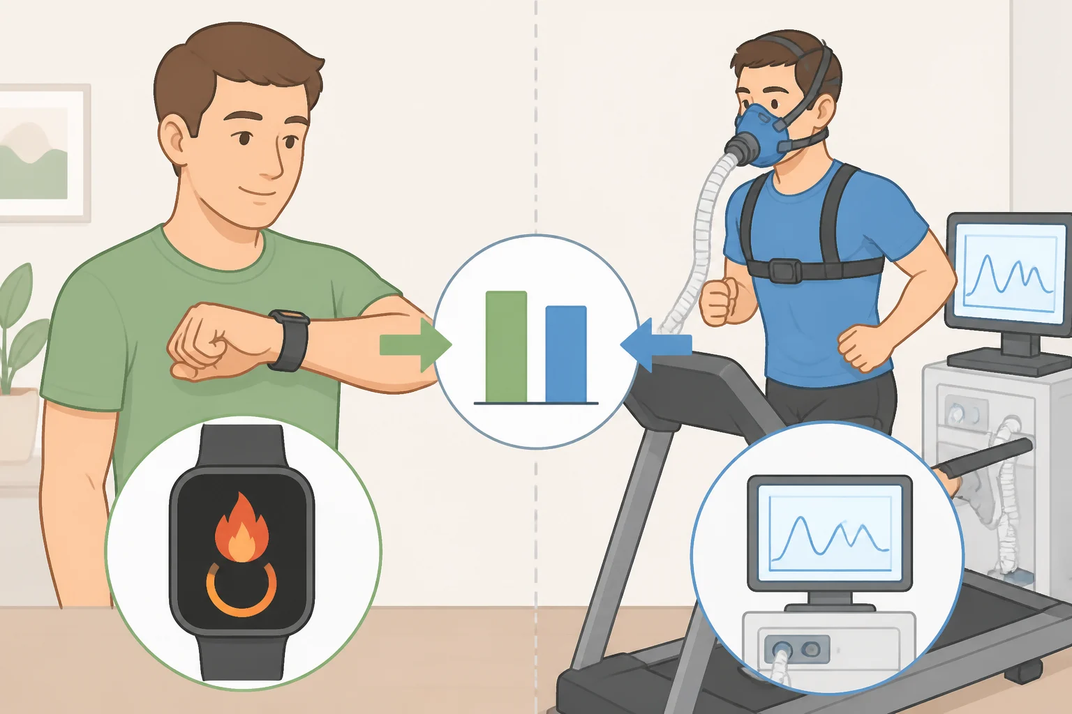 Diagram comparing smartwatch calorie burn accuracy: a watch reading 500 kcal against a COSMED K5 metabolic analyzer showing a closer true value