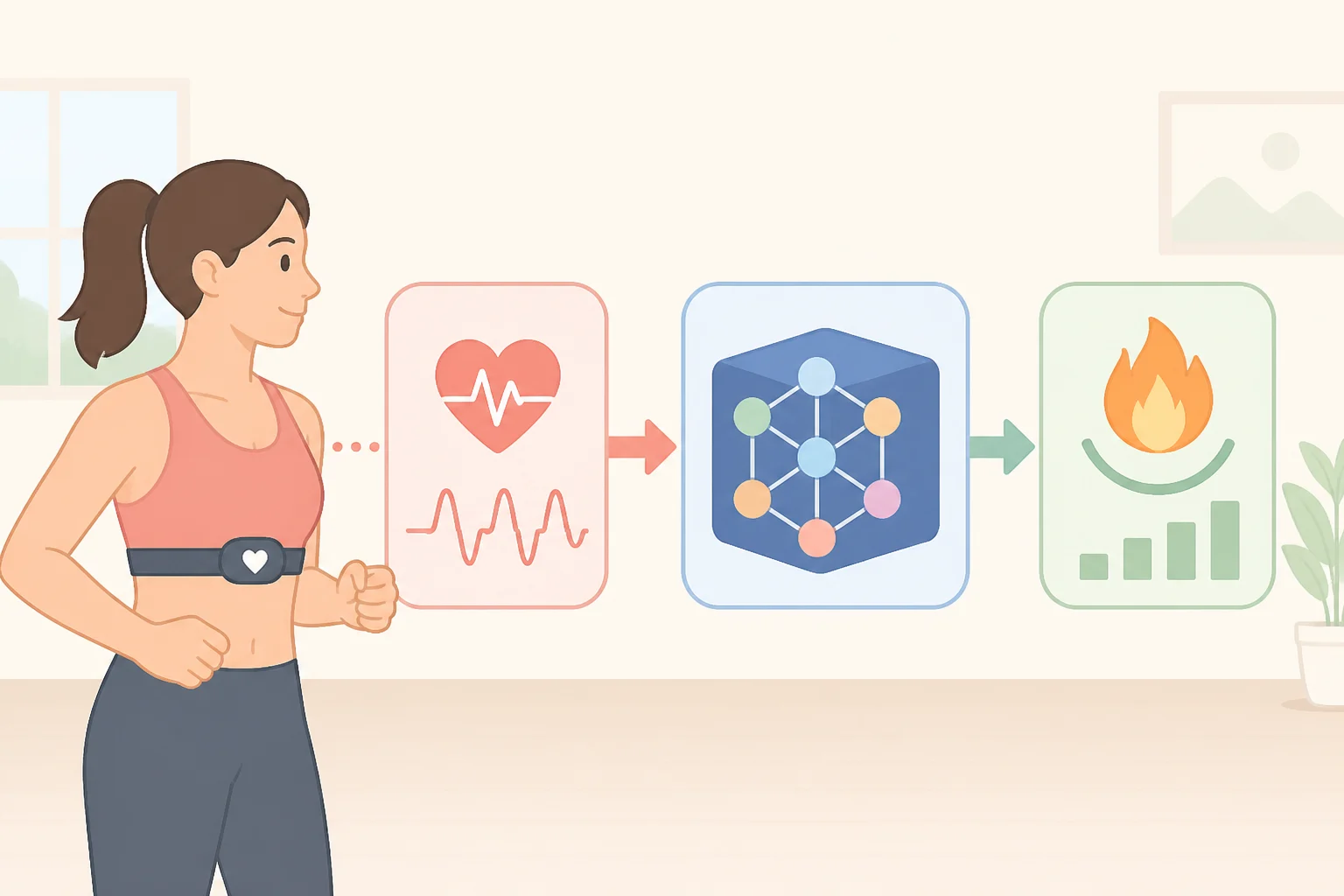 Flowchart showing an optical heart-rate sensor measuring pulse and a proprietary algorithm using that input to estimate workout calories
