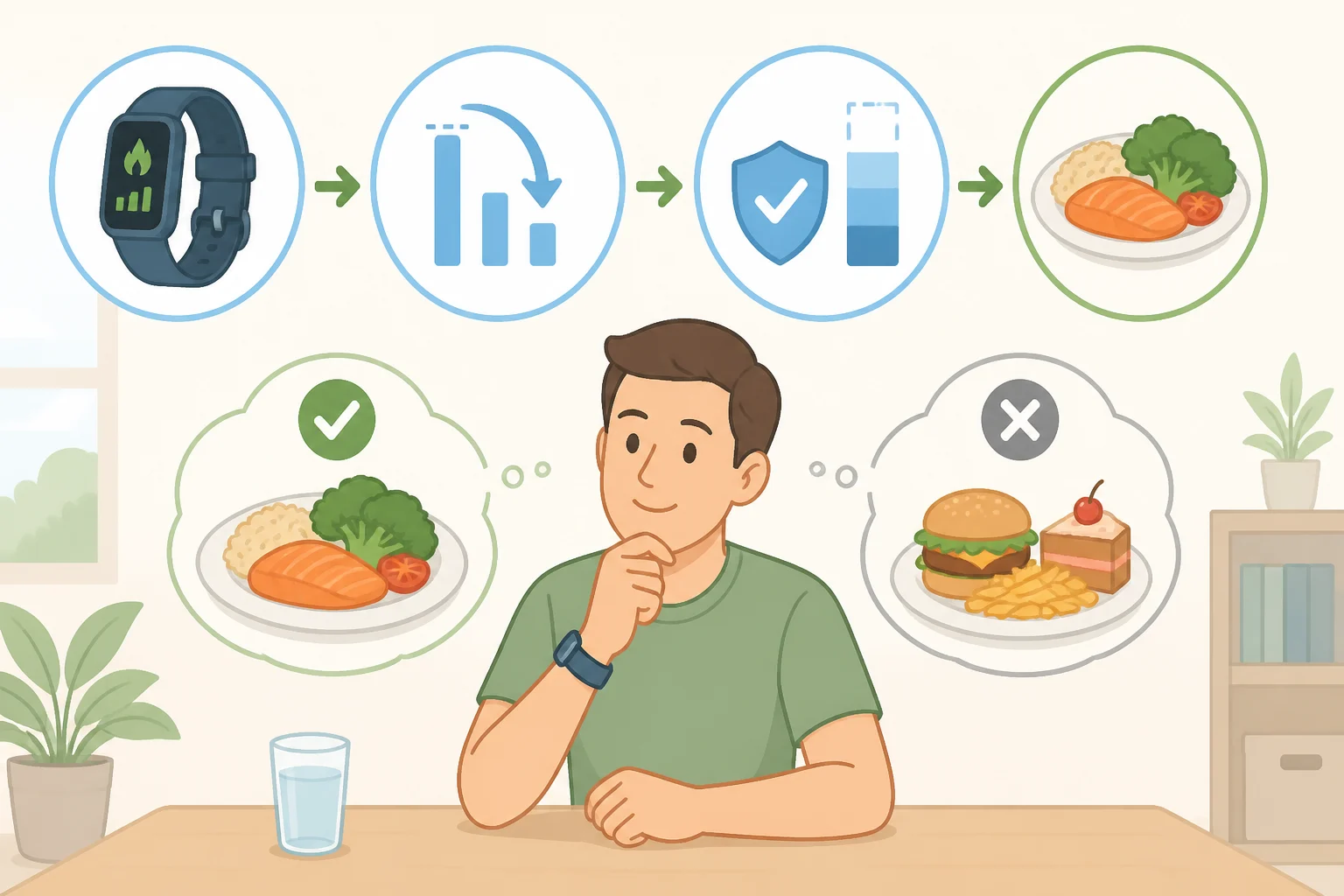 Illustration of guidance to treat smartwatch calorie estimates as a ceiling by rounding down to build in extra margin when planning meals