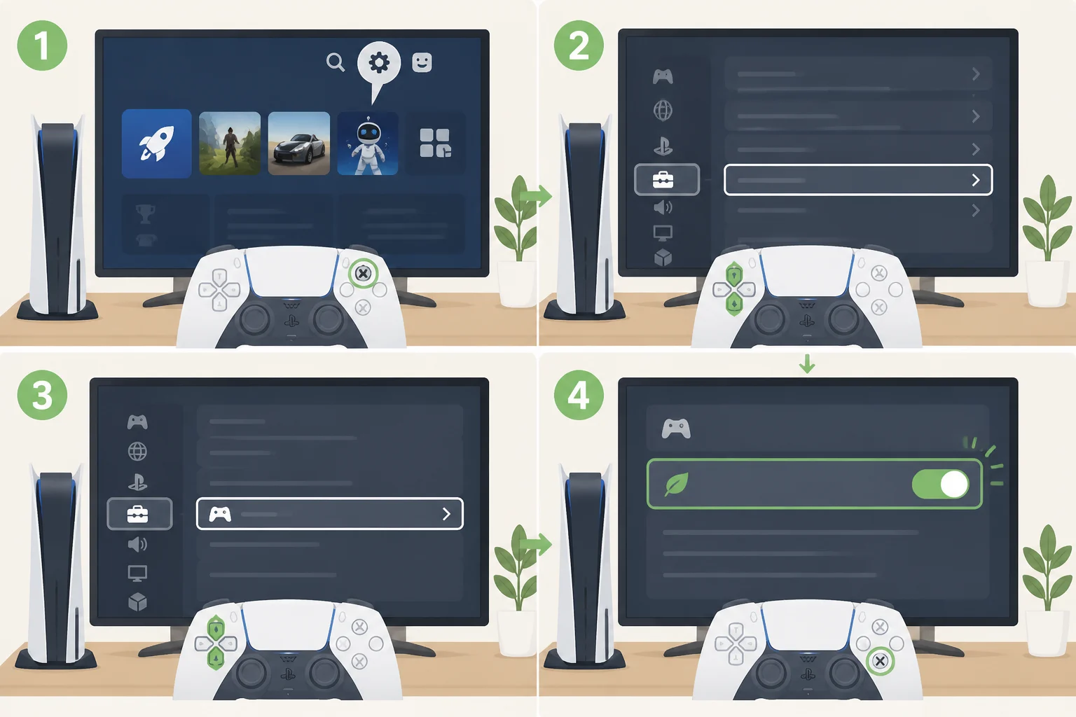 Illustration of the PS5 settings navigation to System > Power Saving > Power Saver for Games with the Use Power Saver toggle turned on and a list section for installed supported games