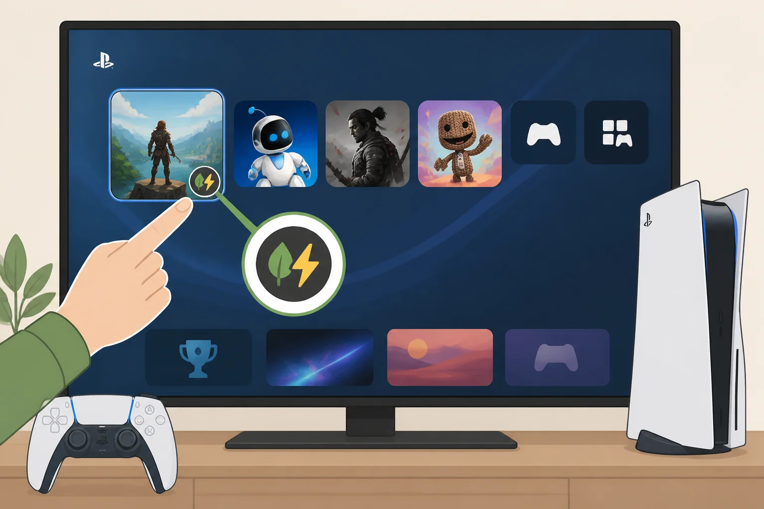 Illustration of the PS5 home screen with a leaf and lightning bolt symbol meaning shown next to a game’s title, indicating the game supports Power Saver mode