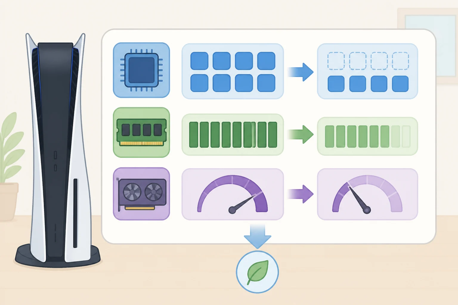 Illustration comparing normal PS5 operation versus Power Saver mode, highlighting half-speed memory, fewer CPU cores/threads, and a reduced GPU clock