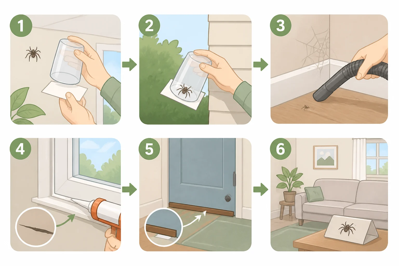 Flowchart showing the correct order for recurring indoor spider problems: remove the current spider, inspect and seal gaps, clear clutter and webs, reduce insect prey and outdoor shelter, and monitor with sticky traps before targeted treatment