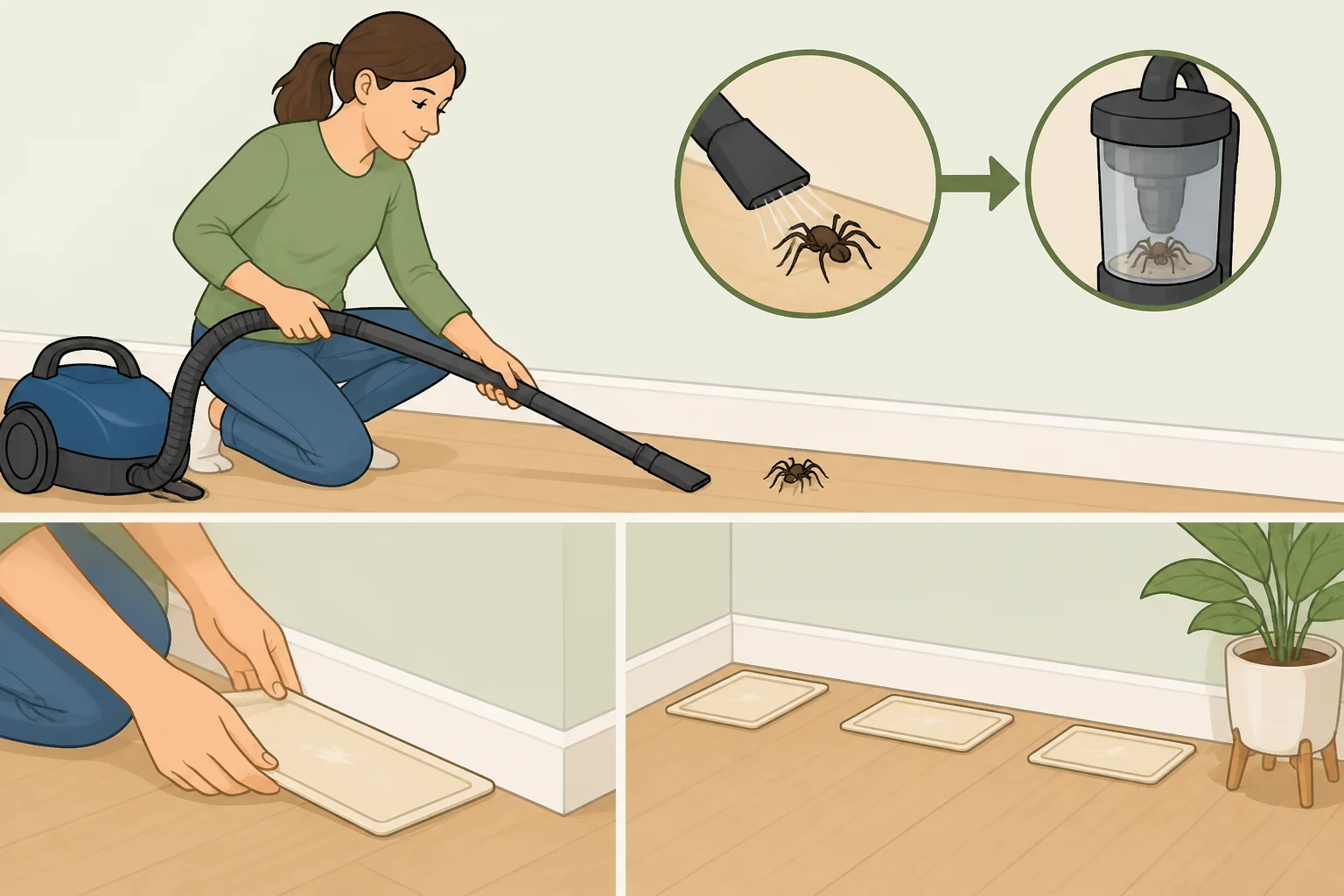 Step-by-step image of vacuuming a spider and placing sticky cardboard traps along baseboards under furniture, with traps positioned out of reach of pets and children