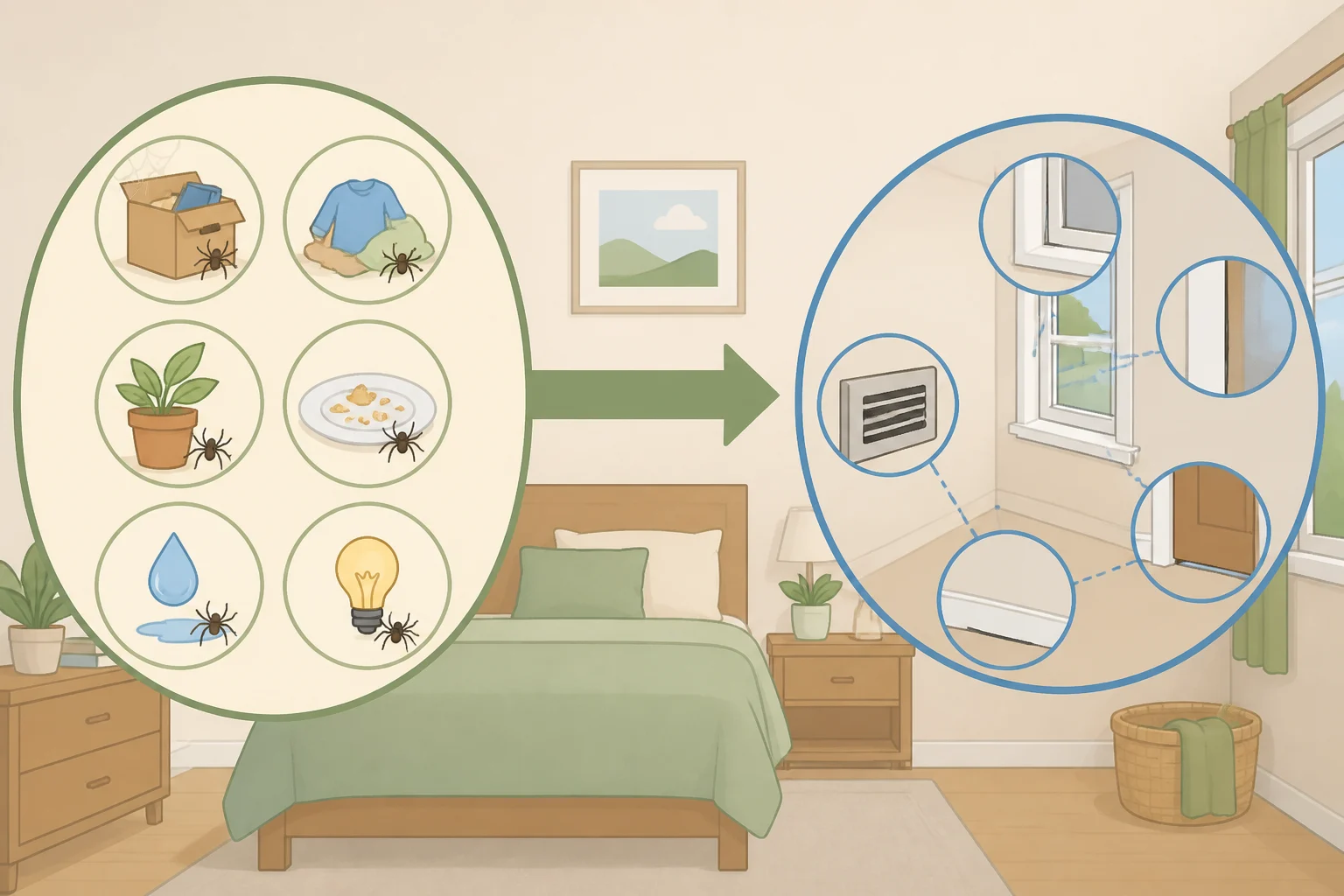 Overview graphic of how to keep spiders out of your bedroom by reducing insect prey, clutter, dark corners, moisture, entry gaps around windows and doors, and outdoor lights and vegetation near the house
