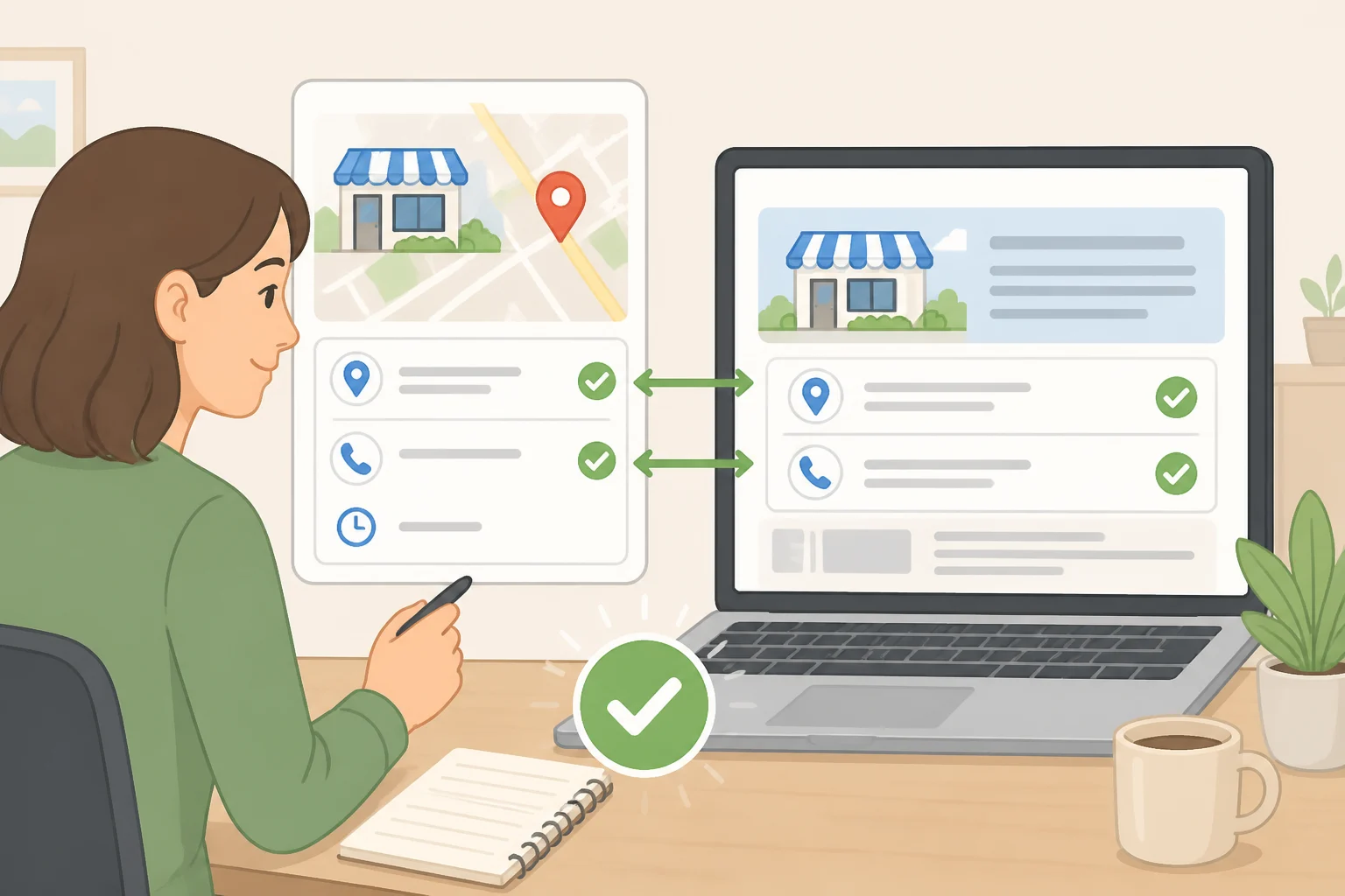 Screenshot-style illustration of a user verifying a locksmith’s Google Maps listing by calling the number from the business website and comparing the address and service category