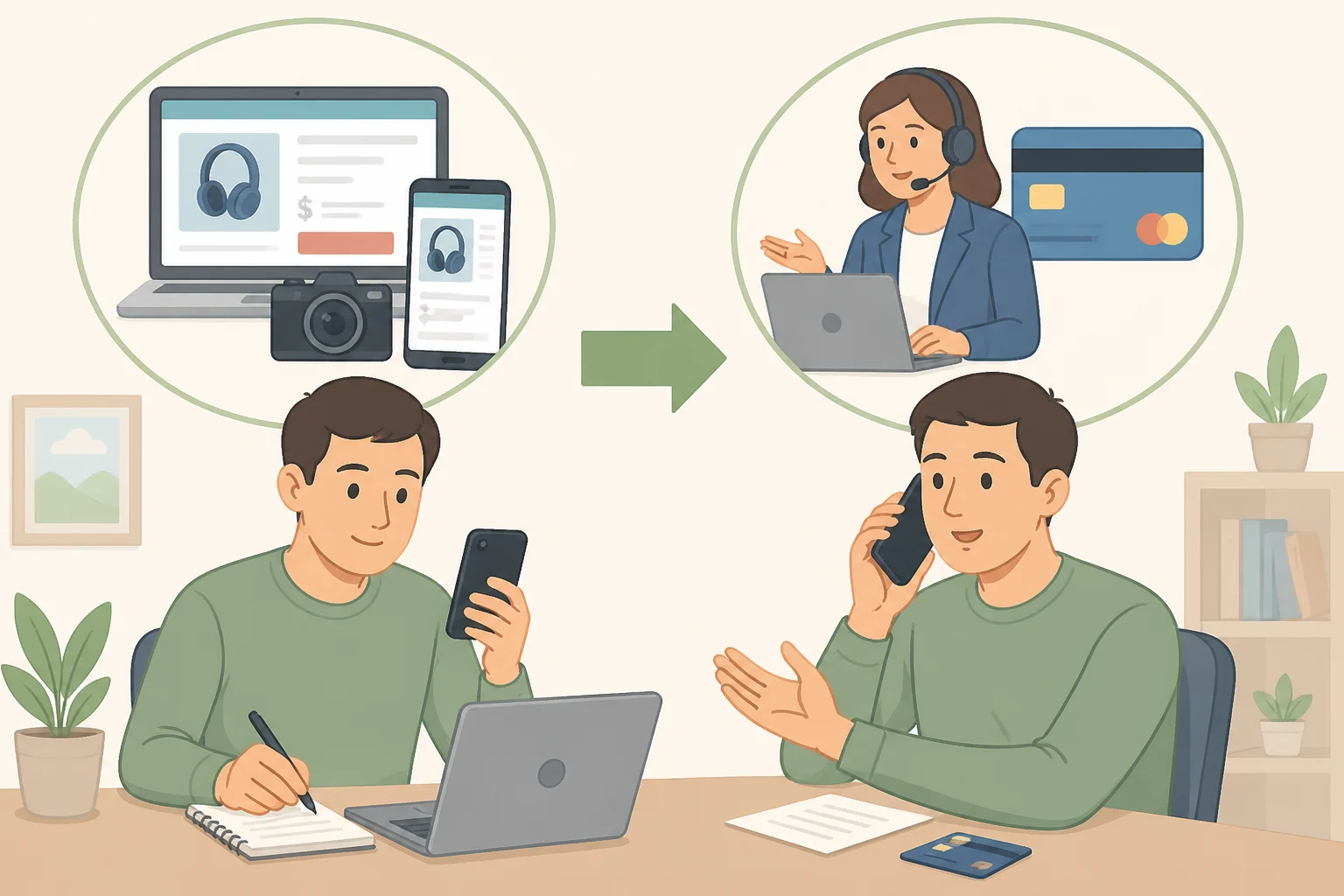 Illustration of a checklist for handling a Google Maps business scam: saving screenshots of the listing, receipts, texts, and calling a credit card company to dispute the charge