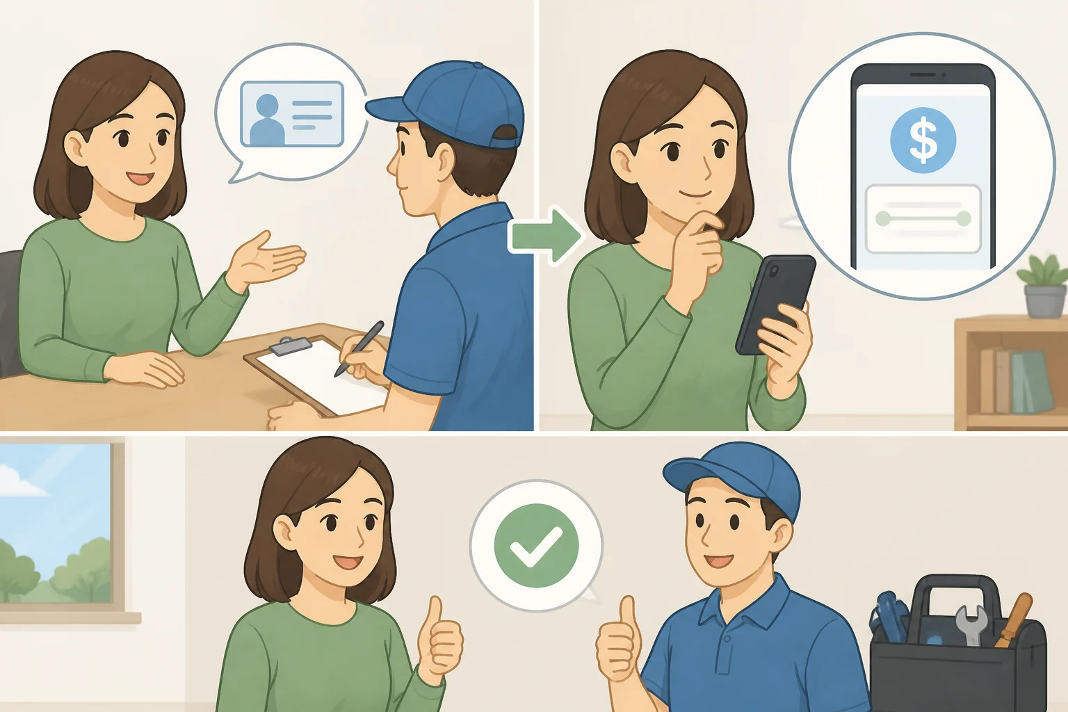 Illustration of a phone call log showing a locksmith providing a quoted price range, paired with notes requesting the legal business name before dispatch