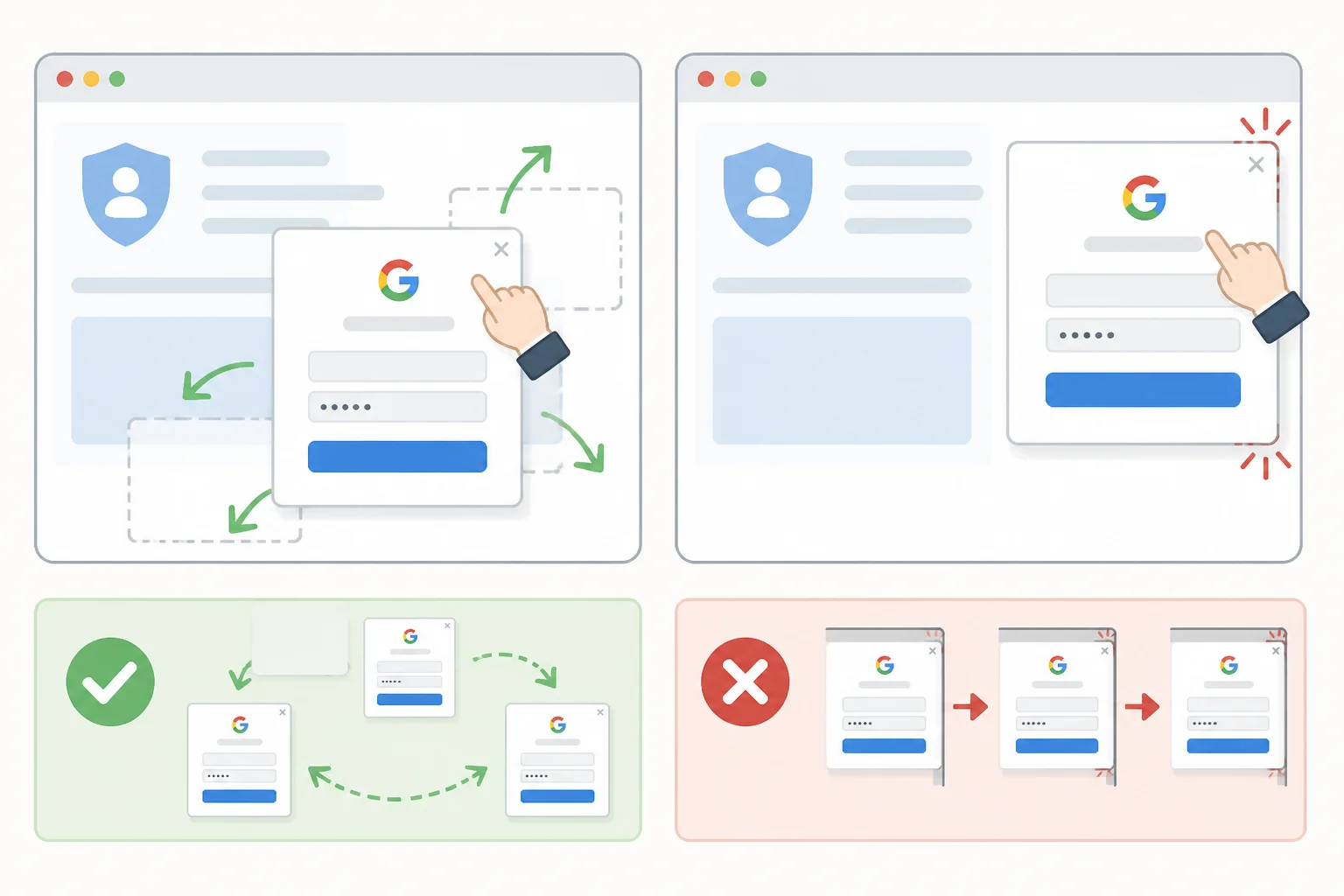 Side-by-side illustration of dragging a real Google sign-in popup (moves across the desktop) versus a fake popup (stops at the webpage edge), matching the step-by-step check