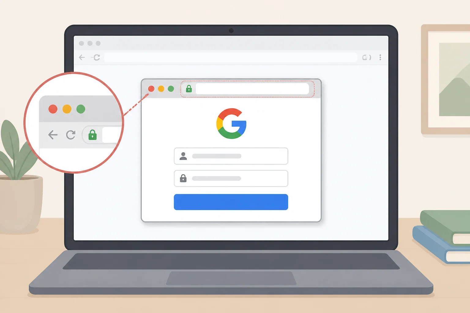 Diagram of browser-in-the-browser phishing where a fake 'Google' pop-up overlays the page with spoofed padlock and address bar elements that are not real browser UI