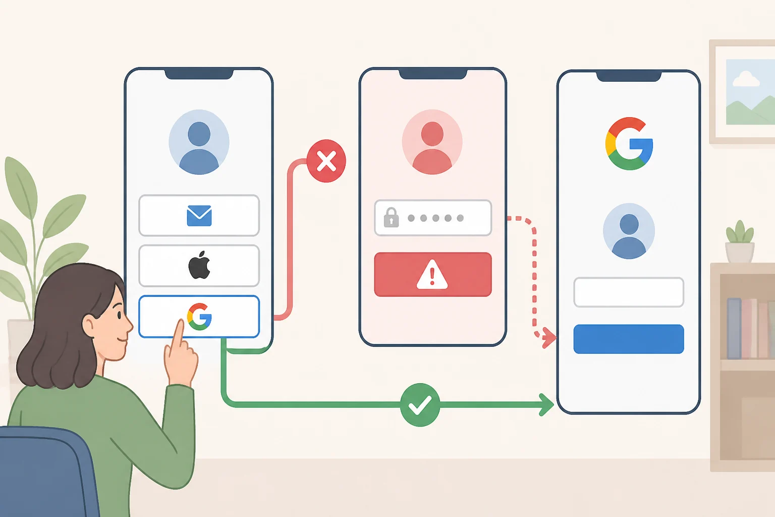 Illustration of a phishing page presenting Apple and Google sign-in buttons where the Apple path fails and the Google option leads to credential harvesting