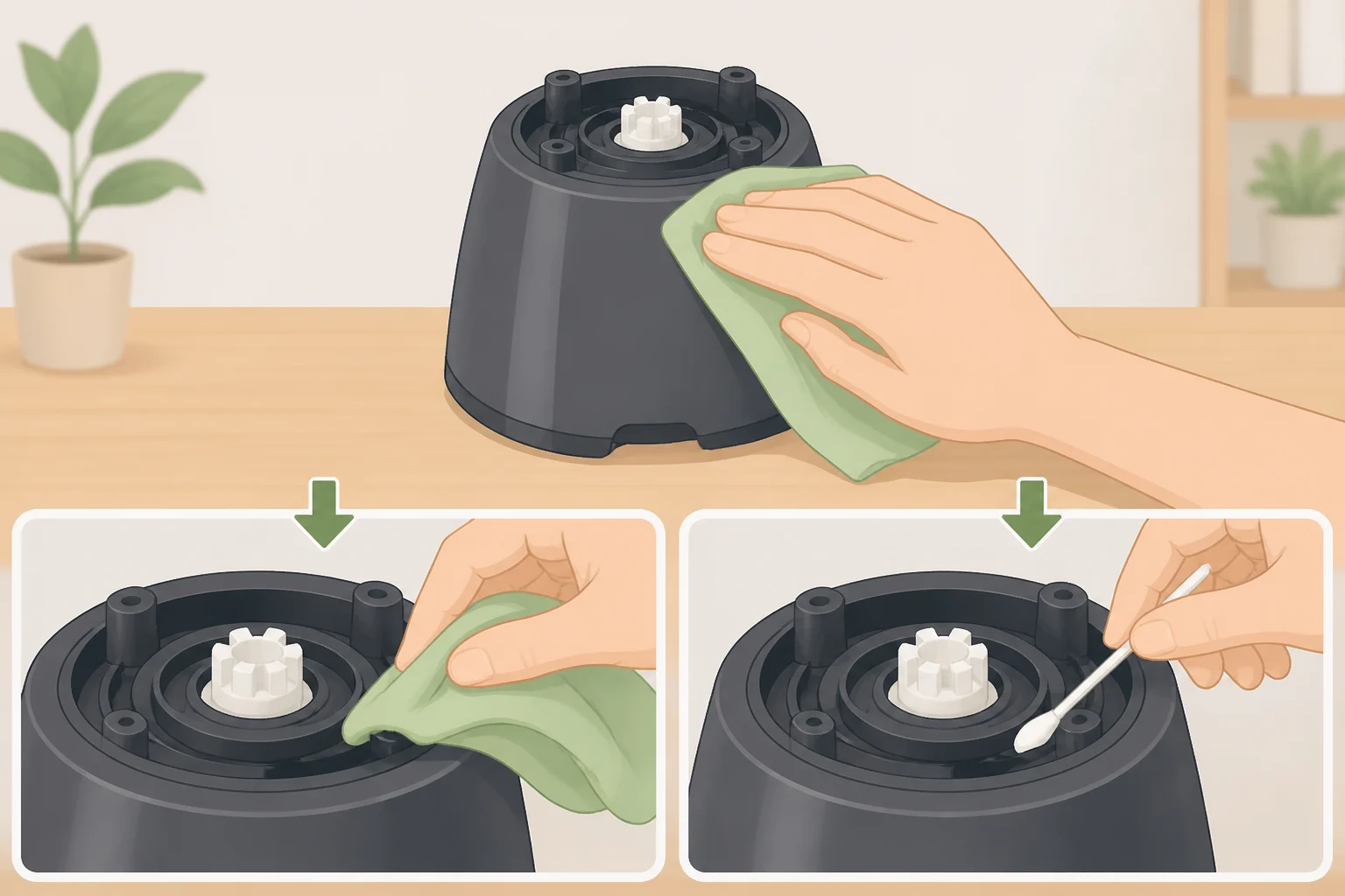 Food processor base wiped with a damp cloth to keep moisture away from the motor, while a cotton swab or small brush reaches tight locking tracks and crevices