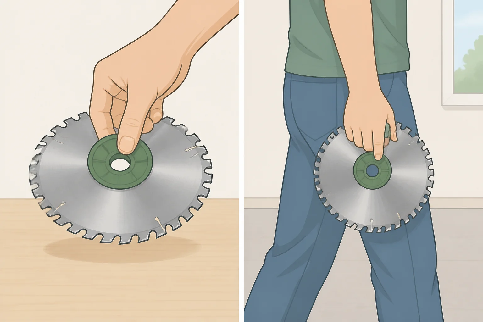 Food processor blade held by the plastic hub and finger holes, demonstrating safe handling without gripping the metal cutting edge
