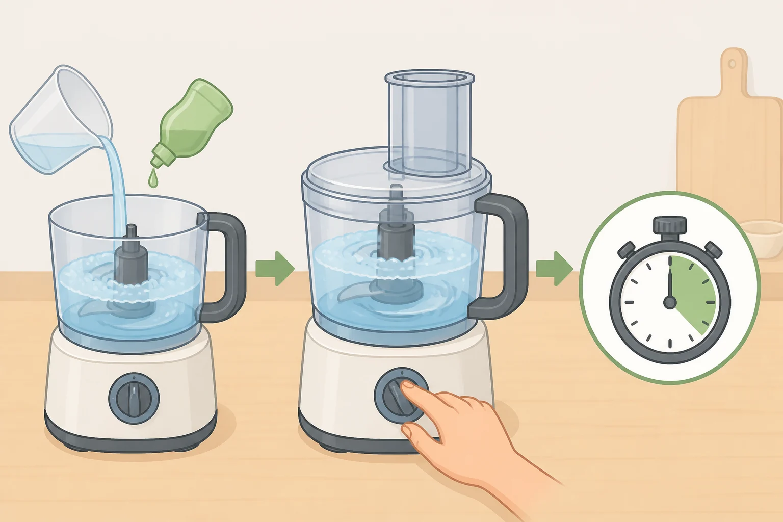 How to clean a food processor: warm water with a few drops of dish soap added to the assembled bowl and running a short high-speed quick-clean cycle