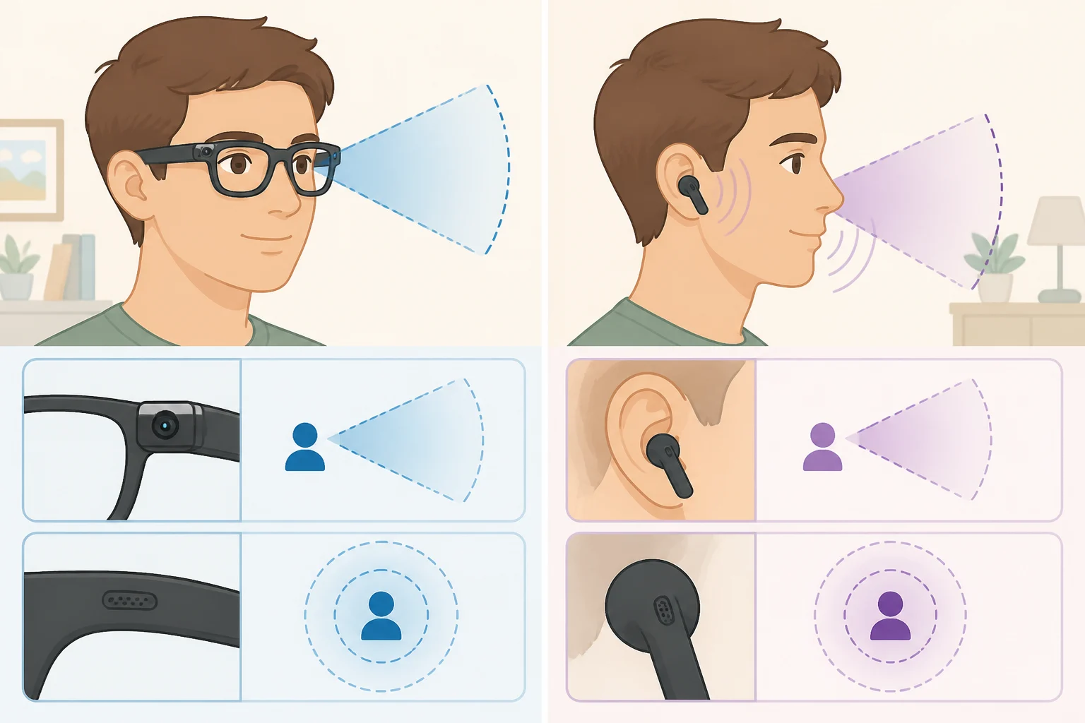 Side-by-side view showing a camera and microphone positioned on AI headphones with cameras style smart glasses versus microphones on earbuds, illustrating different angles for capturing what the wearer sees and hears