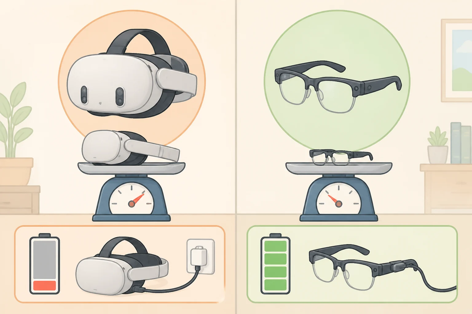 Infographic comparing Galaxy XR headset weight and battery pack versus lightweight everyday smart glasses, highlighting why one may require frequent recharging