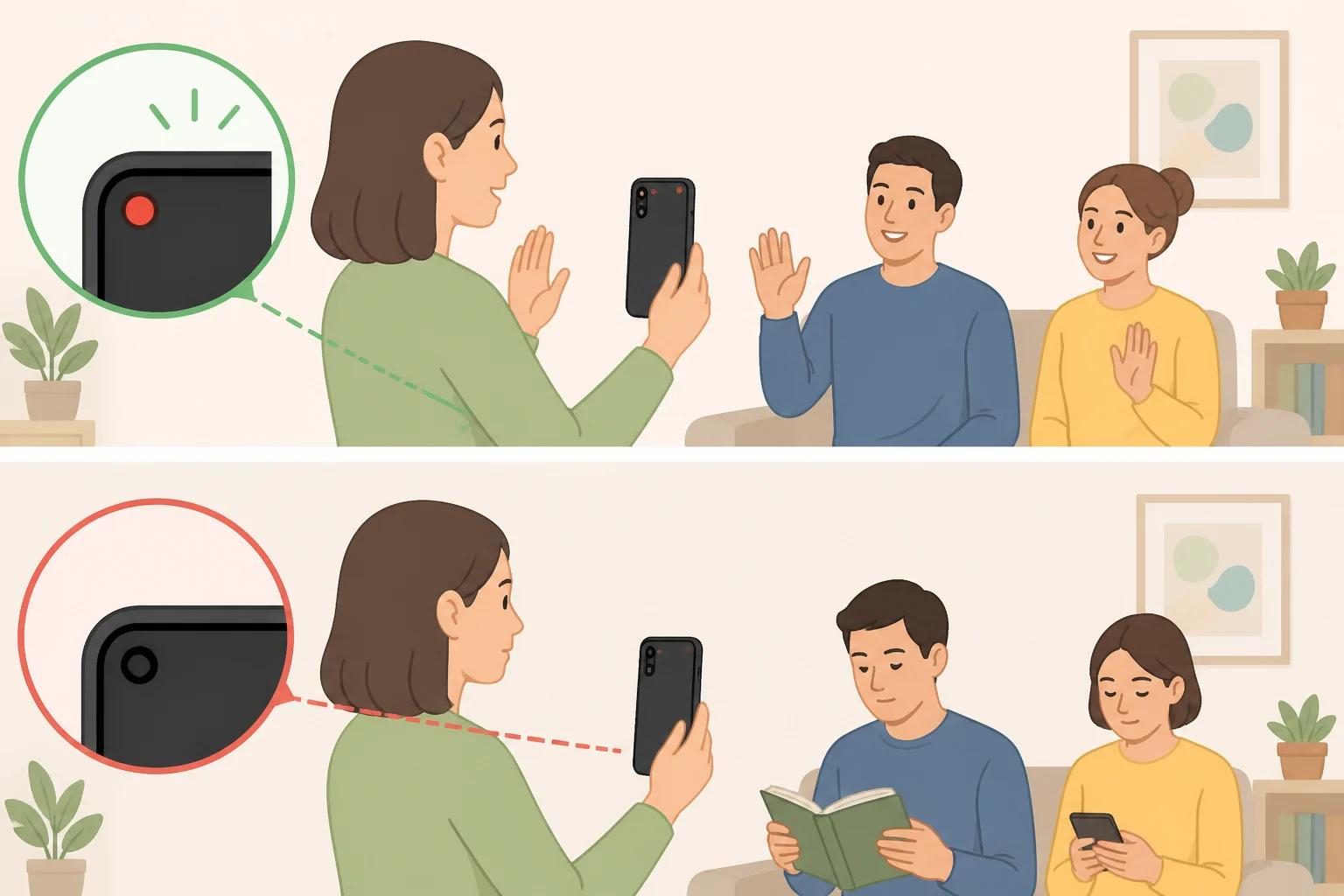 Scene of bystanders near a person wearing camera-equipped smart glasses with a subtle recording indicator light, emphasizing how others may not notice or understand it