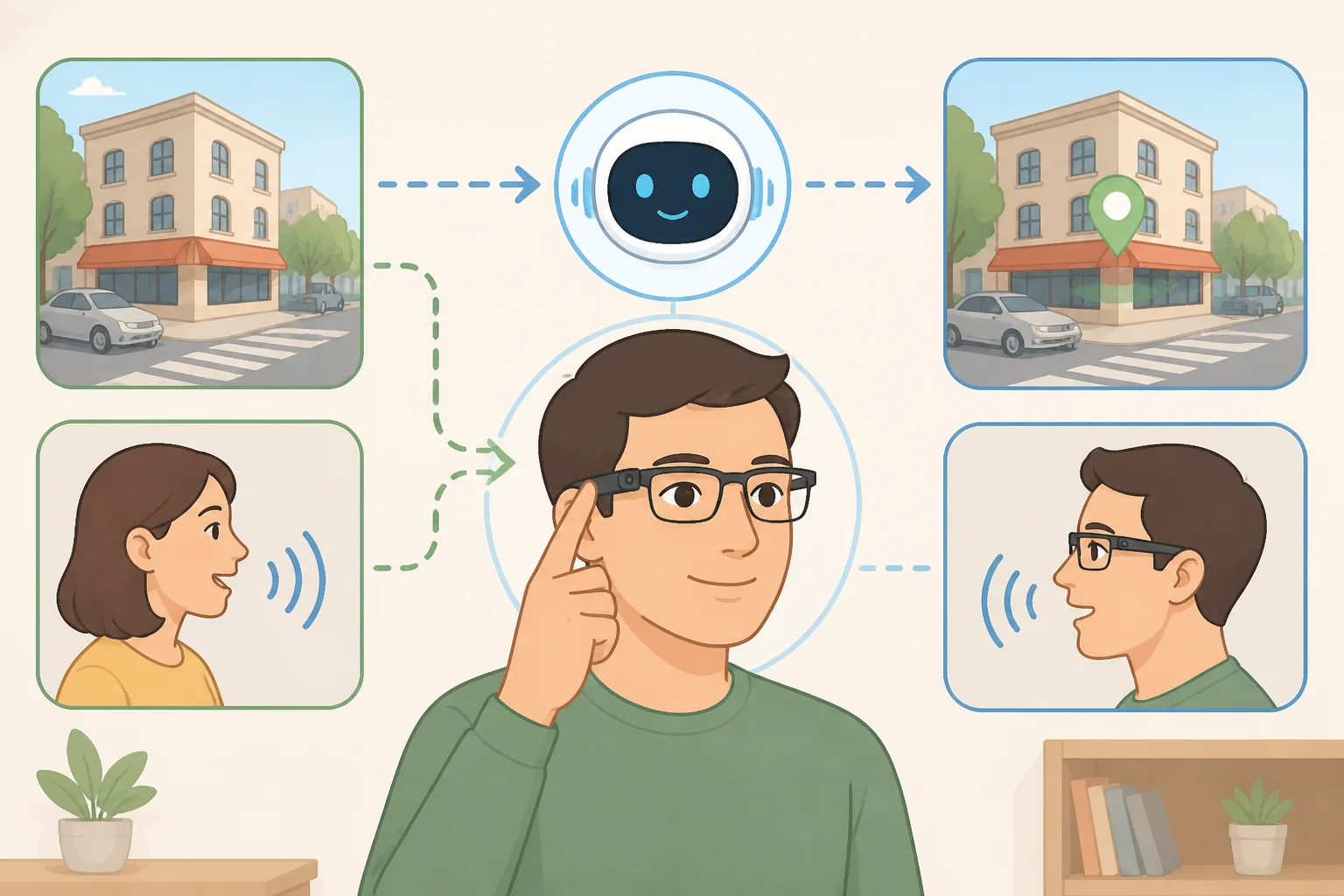Diagram of a smart glasses pipeline where cameras and microphones feed Gemini to generate voice responses and visual actions based on the wearer’s sight and speech