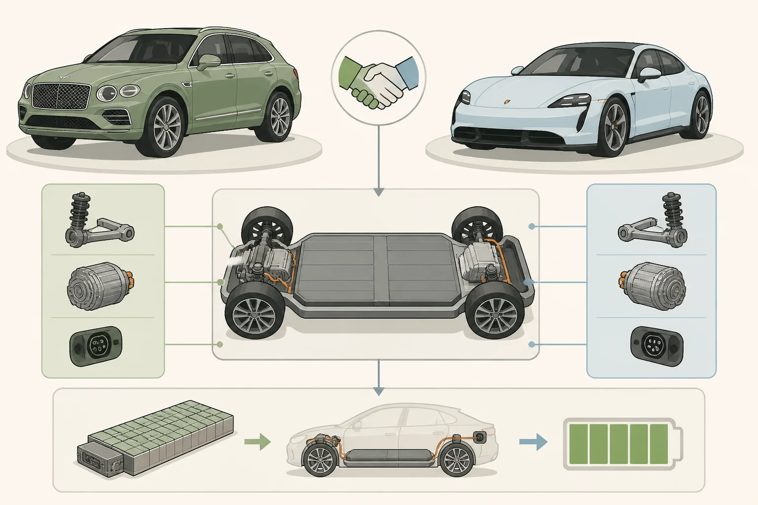 Illustration linking the Torcal’s shared PPE electric platform hardware to the Porsche Cayenne Electric, emphasizing the 800-volt system and 108-kWh usable battery